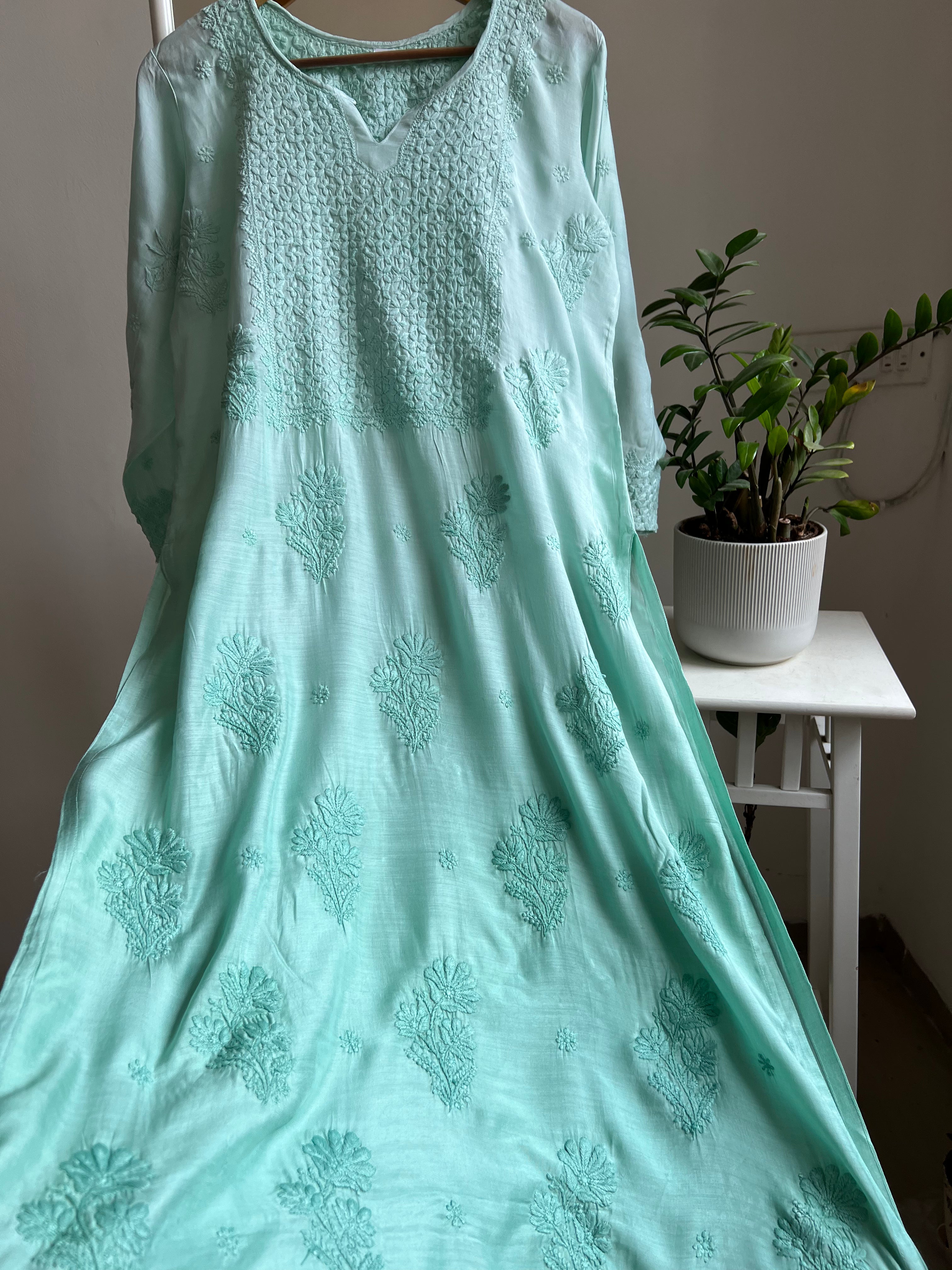 Muslin Chikankari Kurti - Green Ombre ARIAA CHIKANKARI