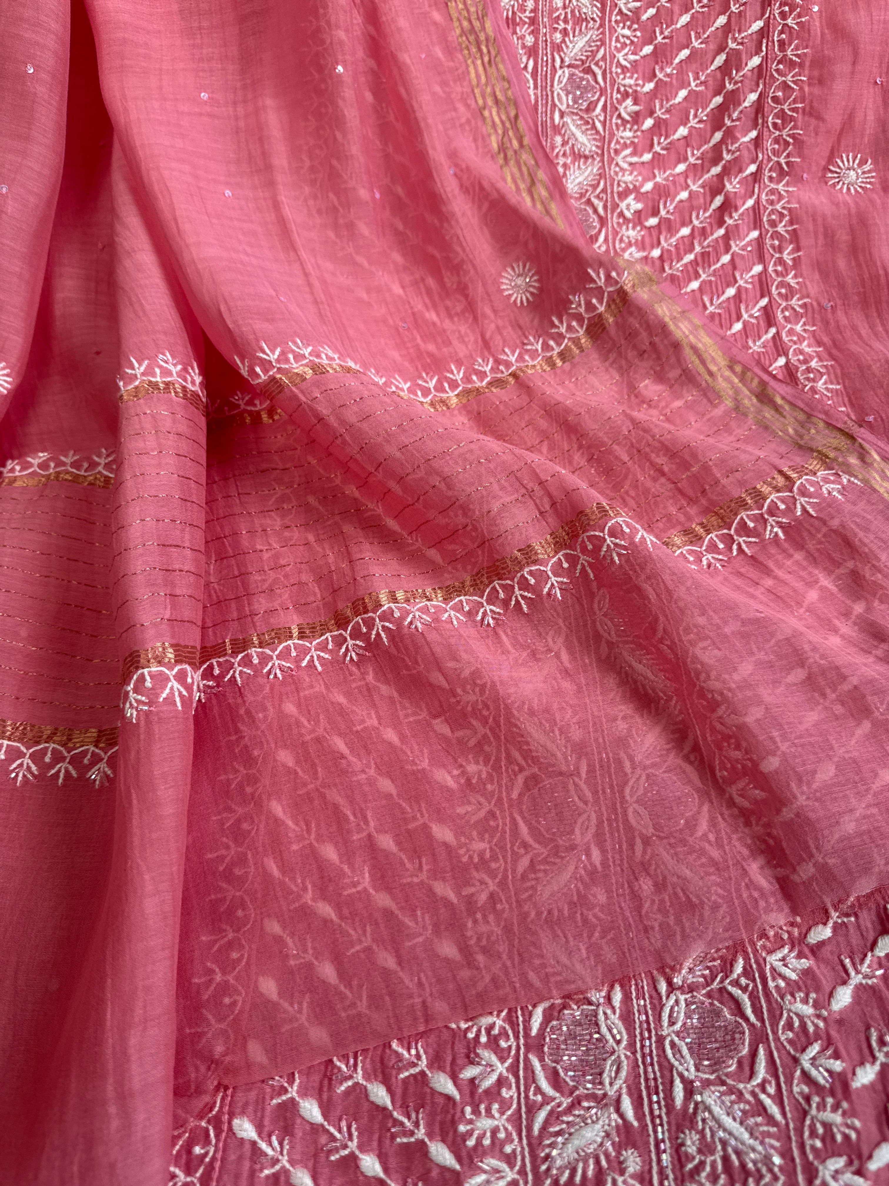 Mul Chanderi Chikankari - Unstitched Set - Rosewood