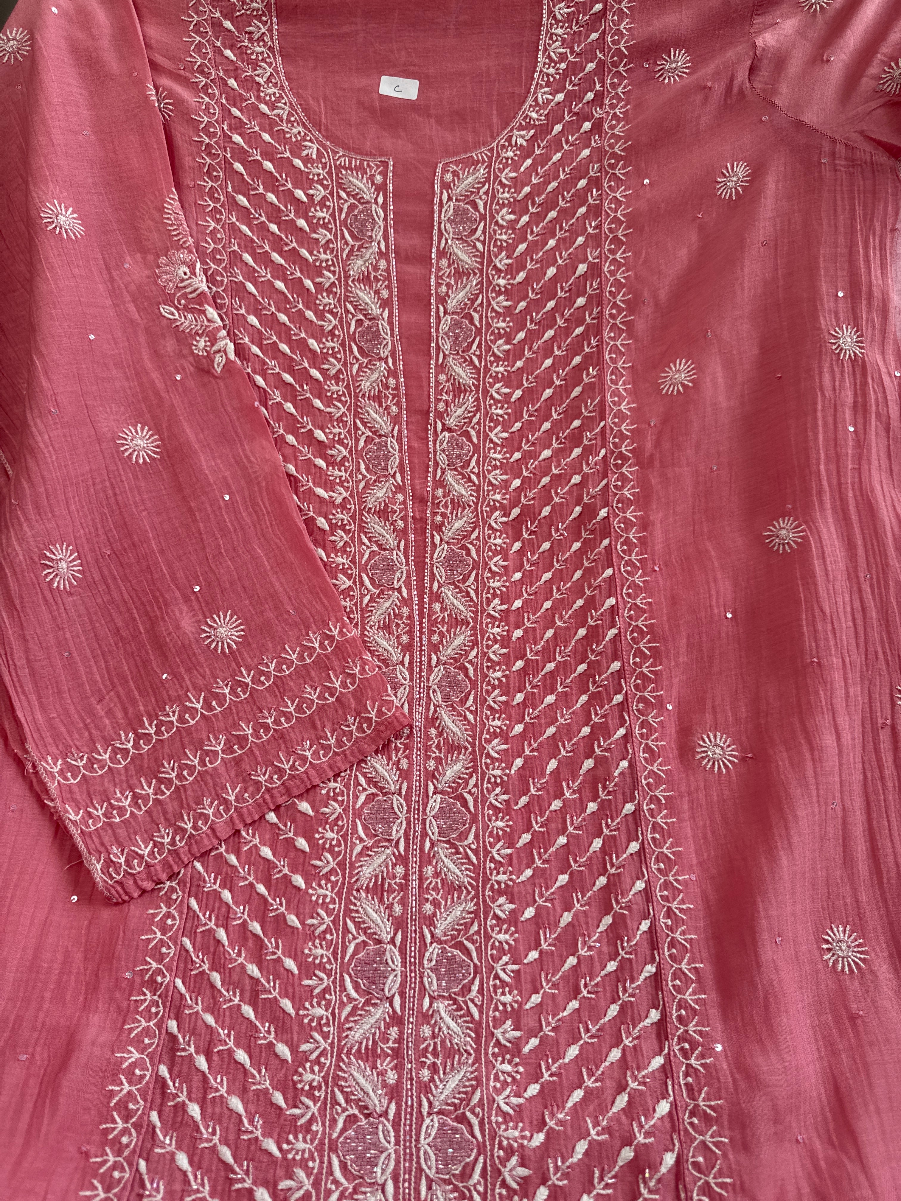 Mul Chanderi Chikankari - Unstitched Set - Rosewood