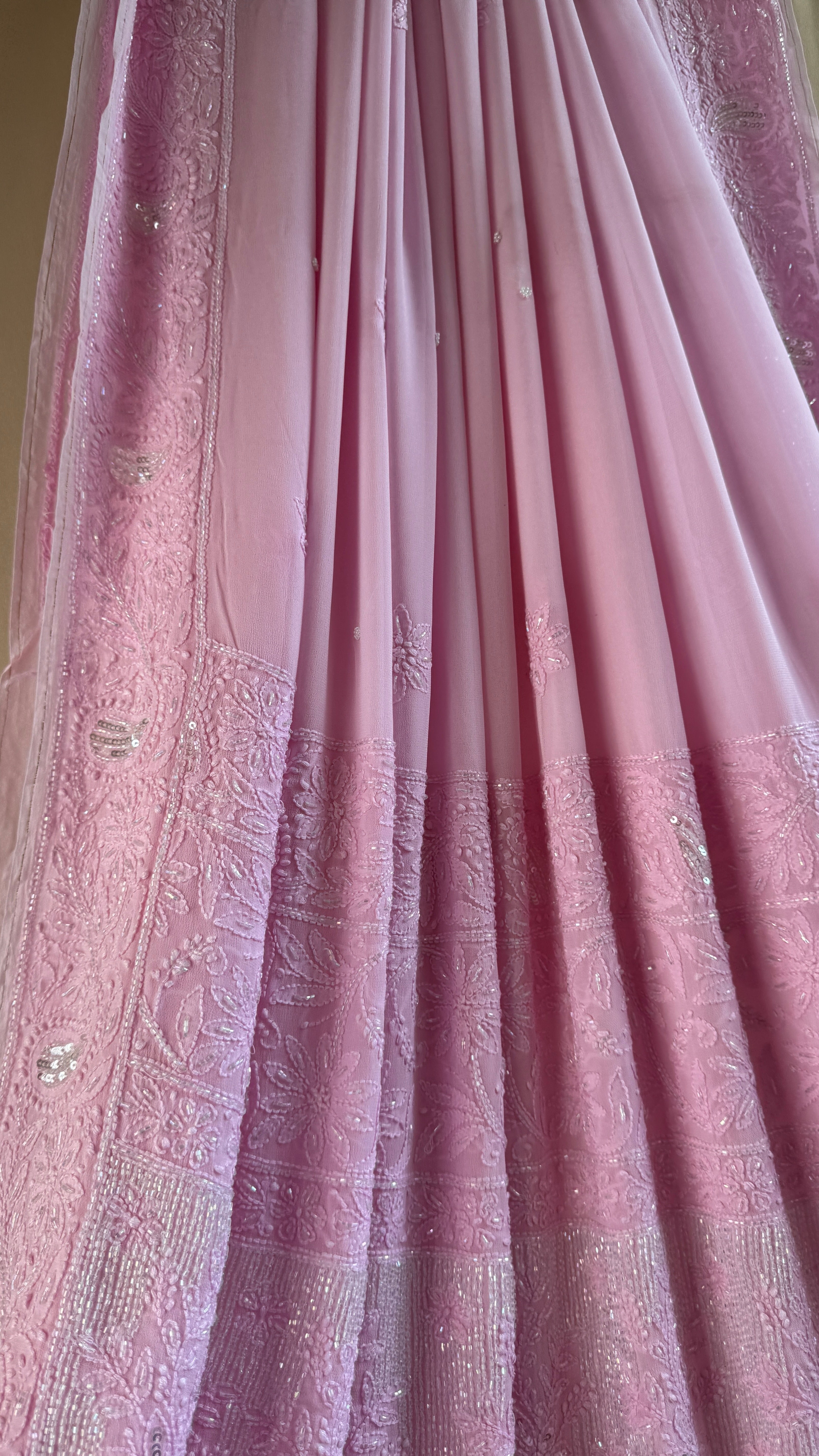 Viscose Chikankari saree with Pearl embellishments - Pink