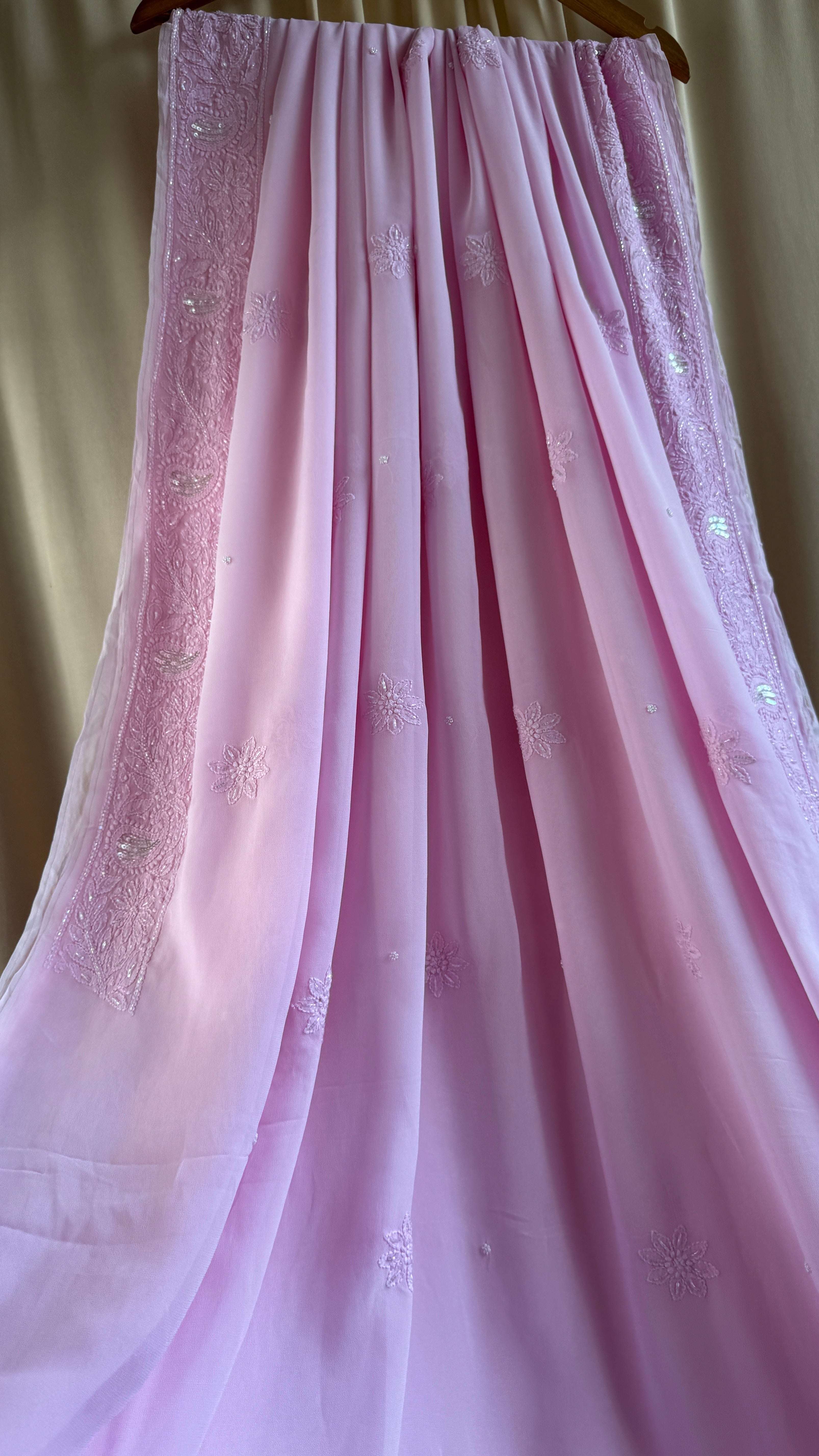 Viscose Chikankari saree with Pearl embellishments - Pink