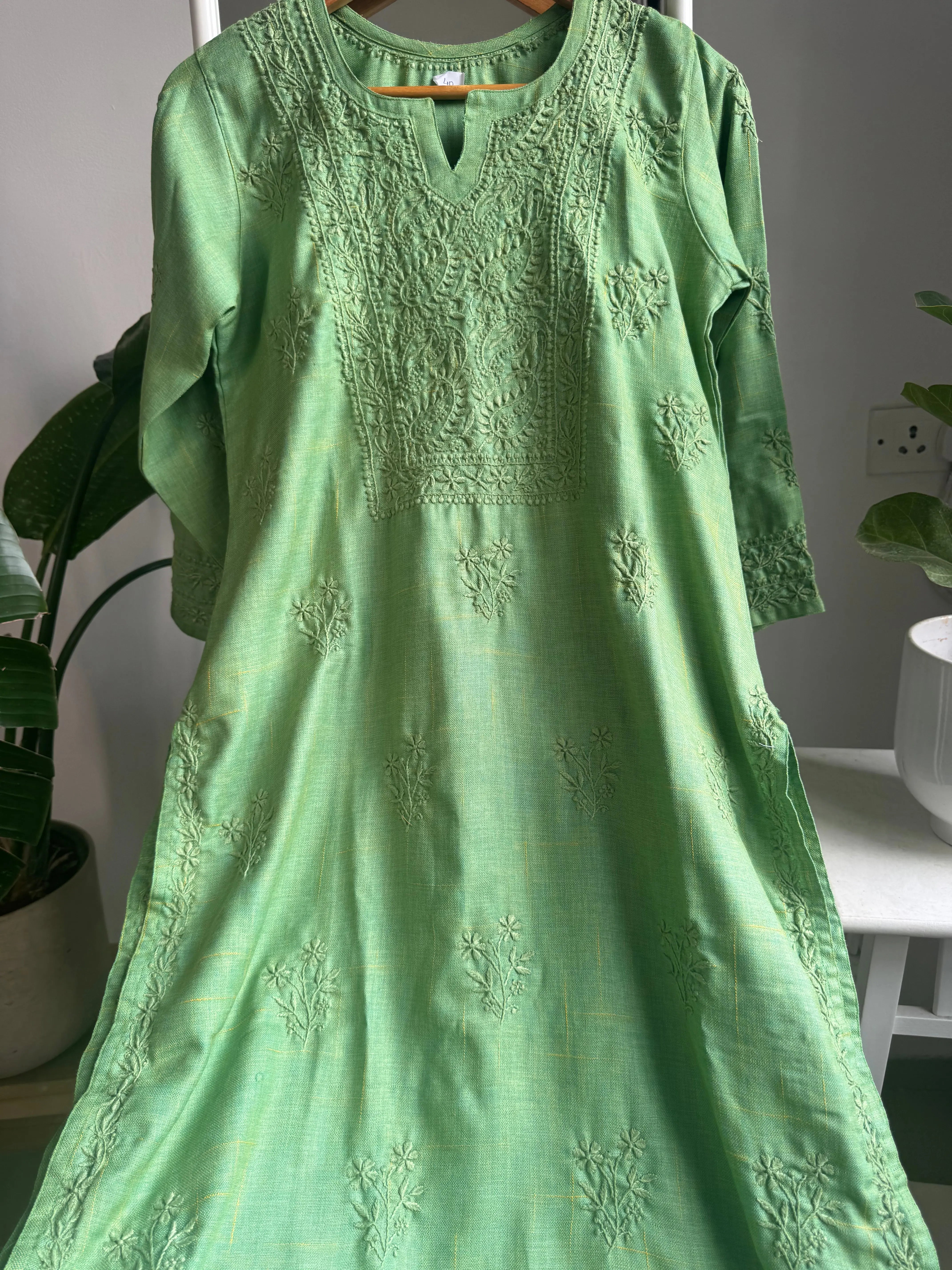 Thick Cotton Chikankari Kurti - Green ARIAA CHIKANKARI