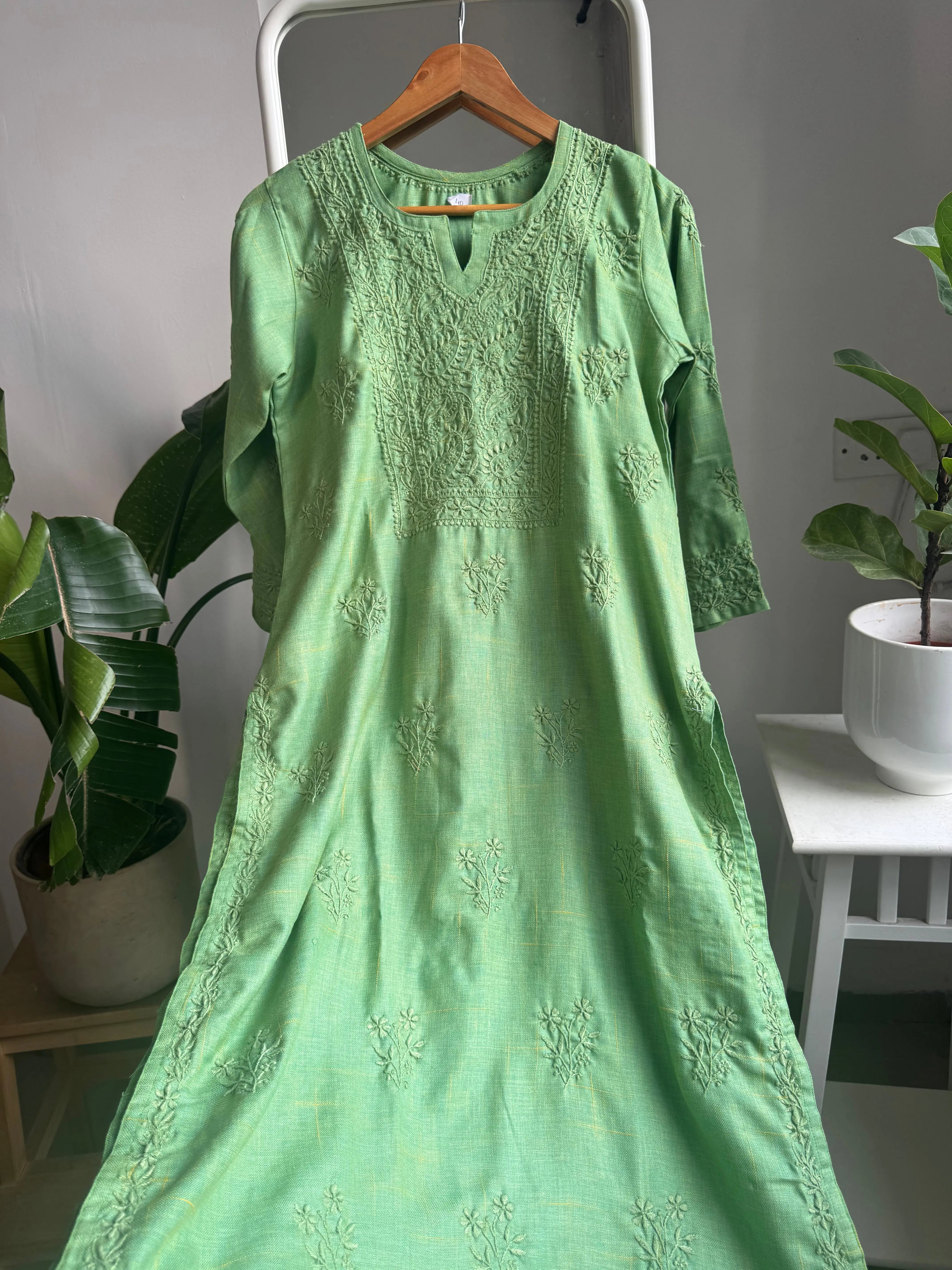 Thick Cotton Chikankari Kurti - Green ARIAA CHIKANKARI