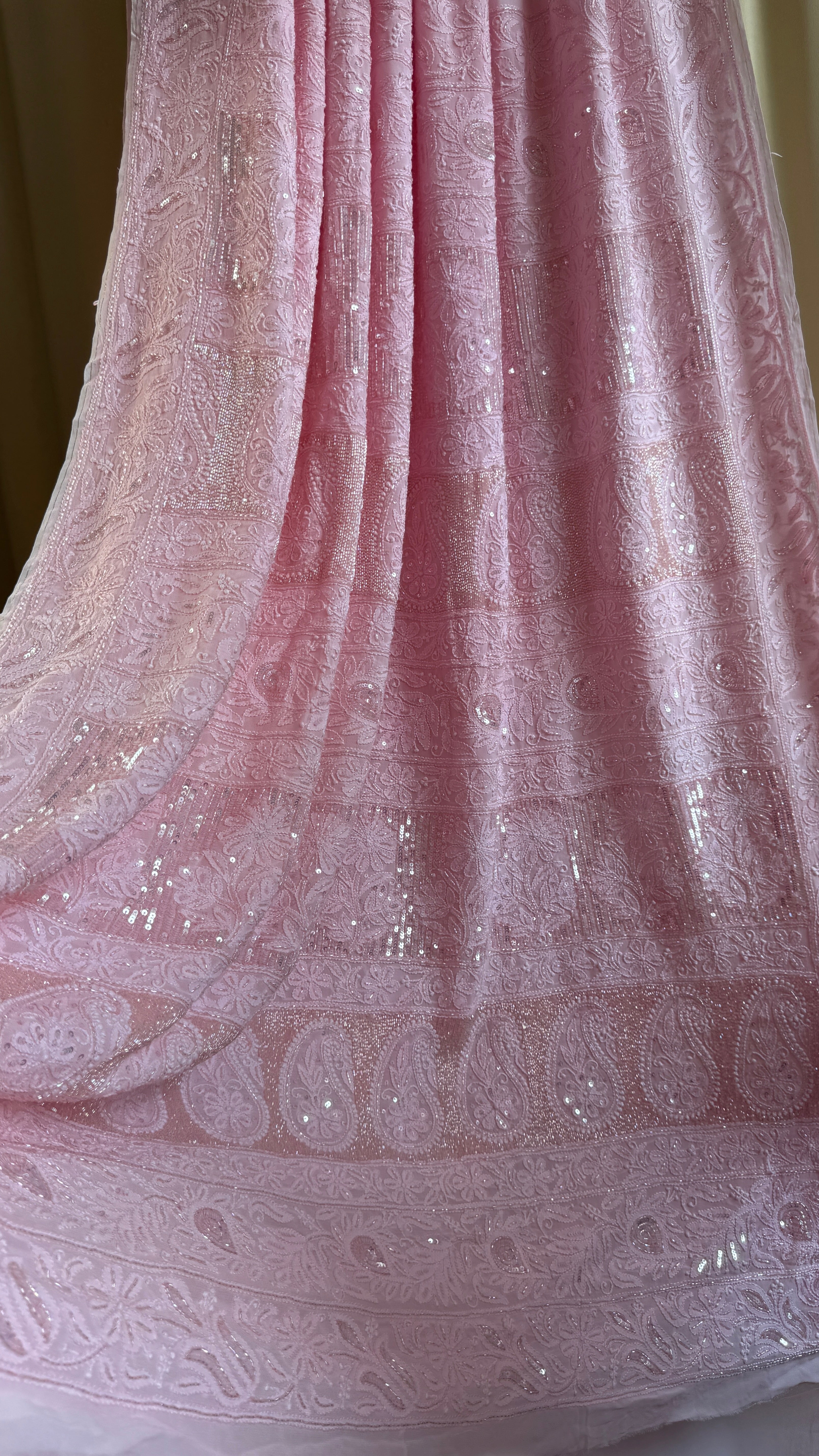 Viscose Chikankari saree with Pearl embellishments - Pink