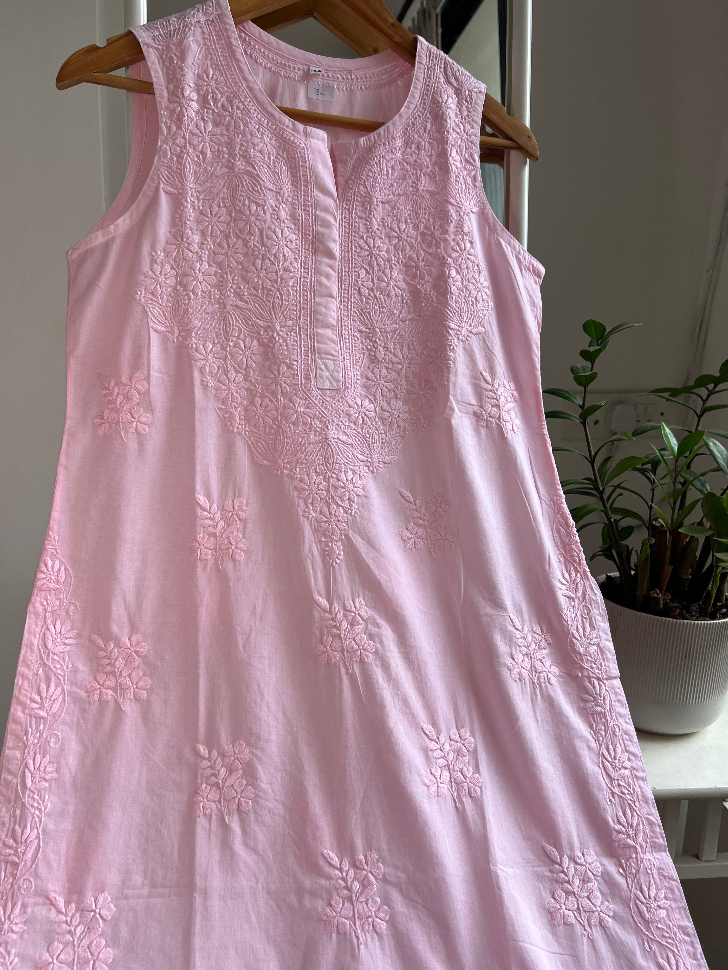 Mul Cotton Sleevless Chikankari Kurti - Pink ARIAA CHIKANKARI