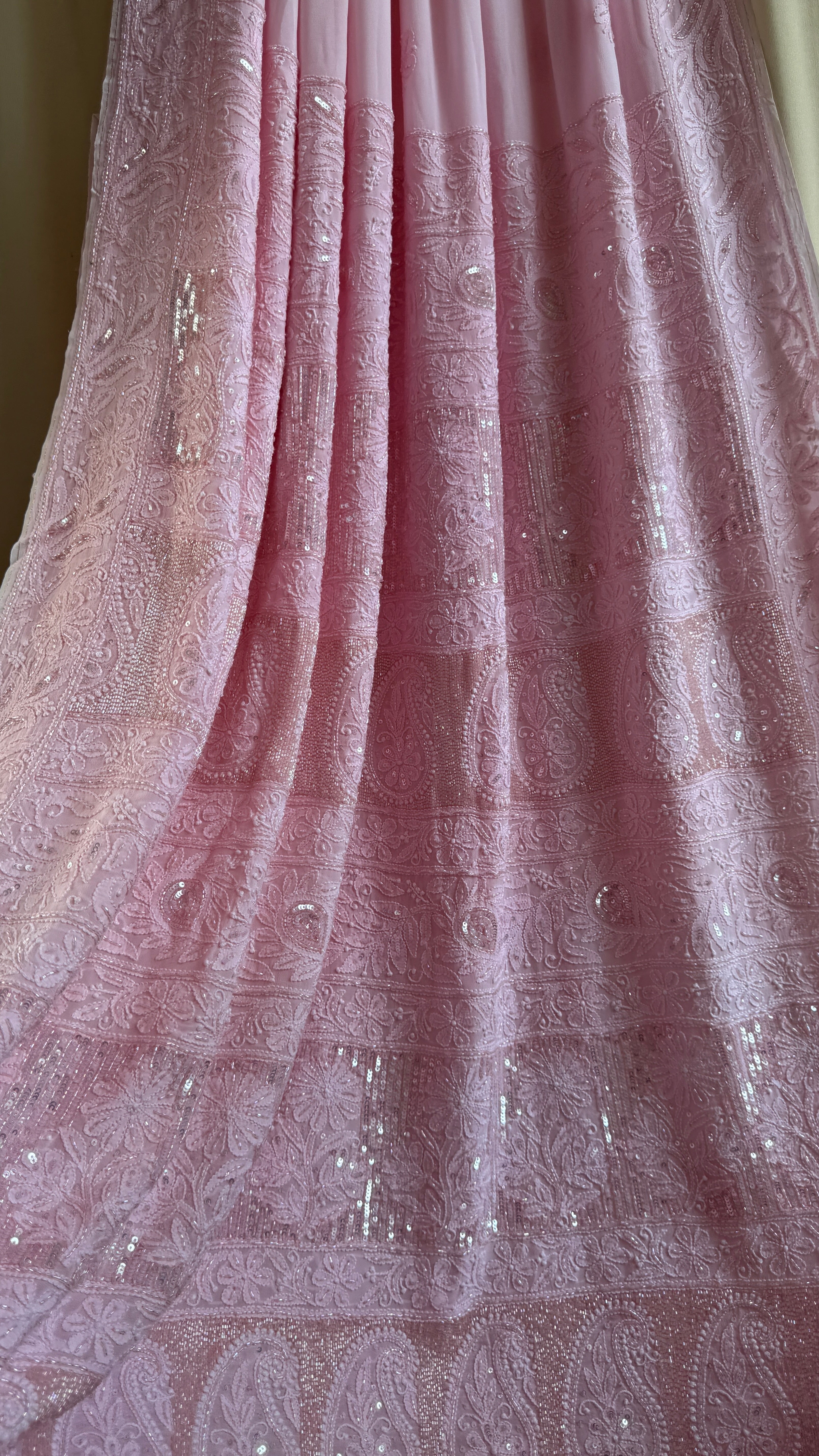 Viscose Chikankari saree with Pearl embellishments - Pink