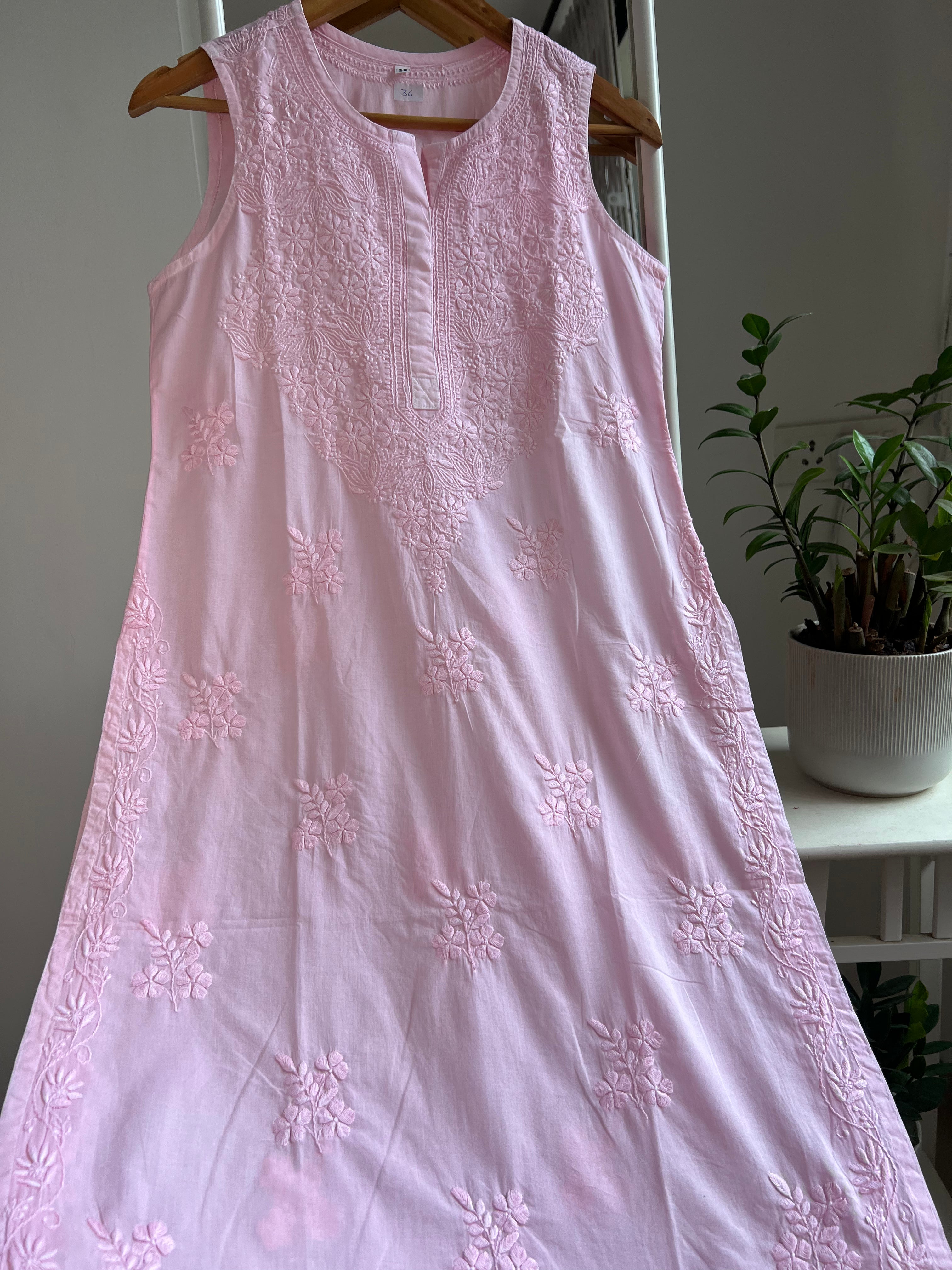 Mul Cotton Sleevless Chikankari Kurti - Pink ARIAA CHIKANKARI