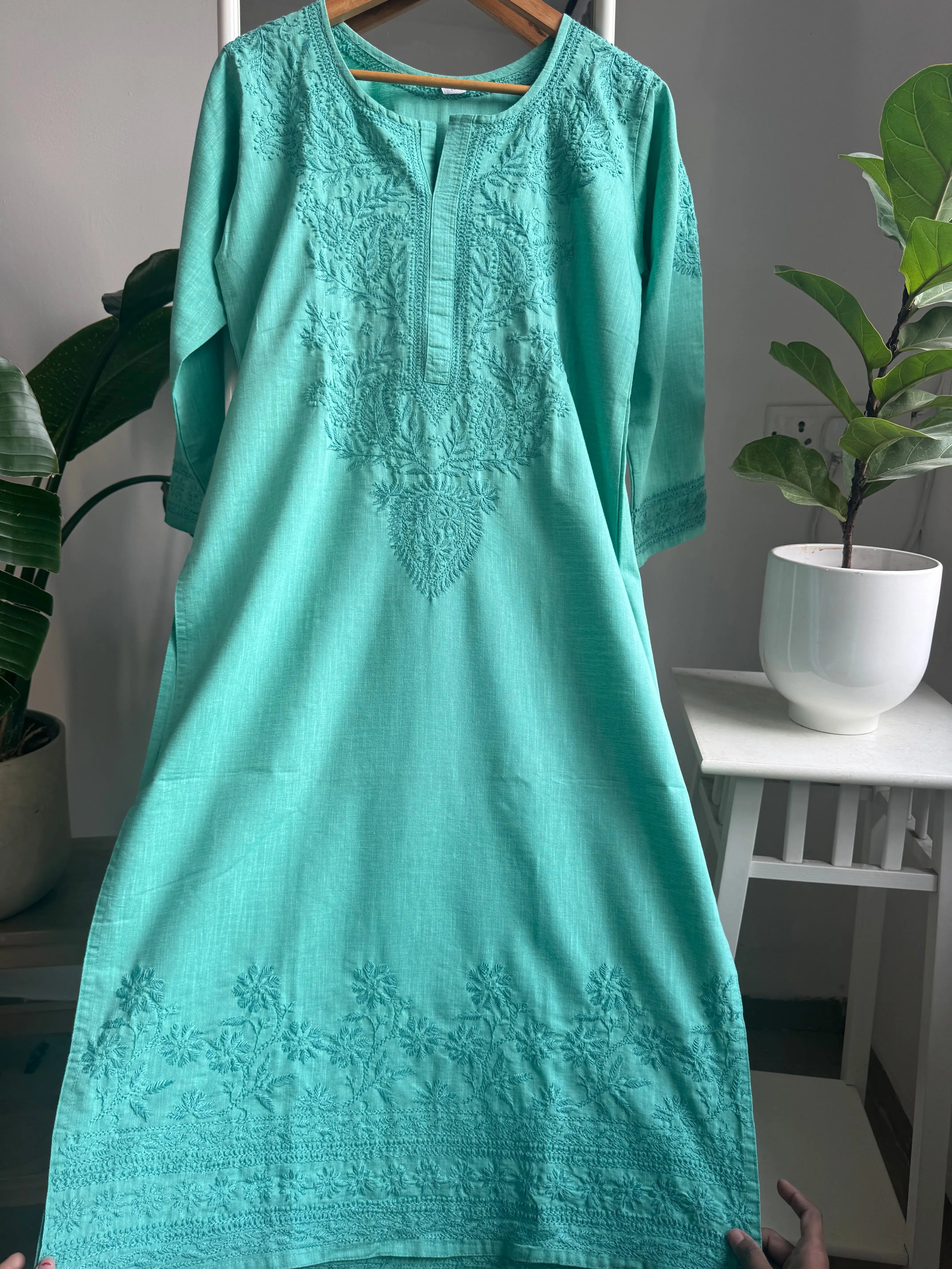 Thick Cotton Chikankari Kurti - Turquoise ARIAA CHIKANKARI