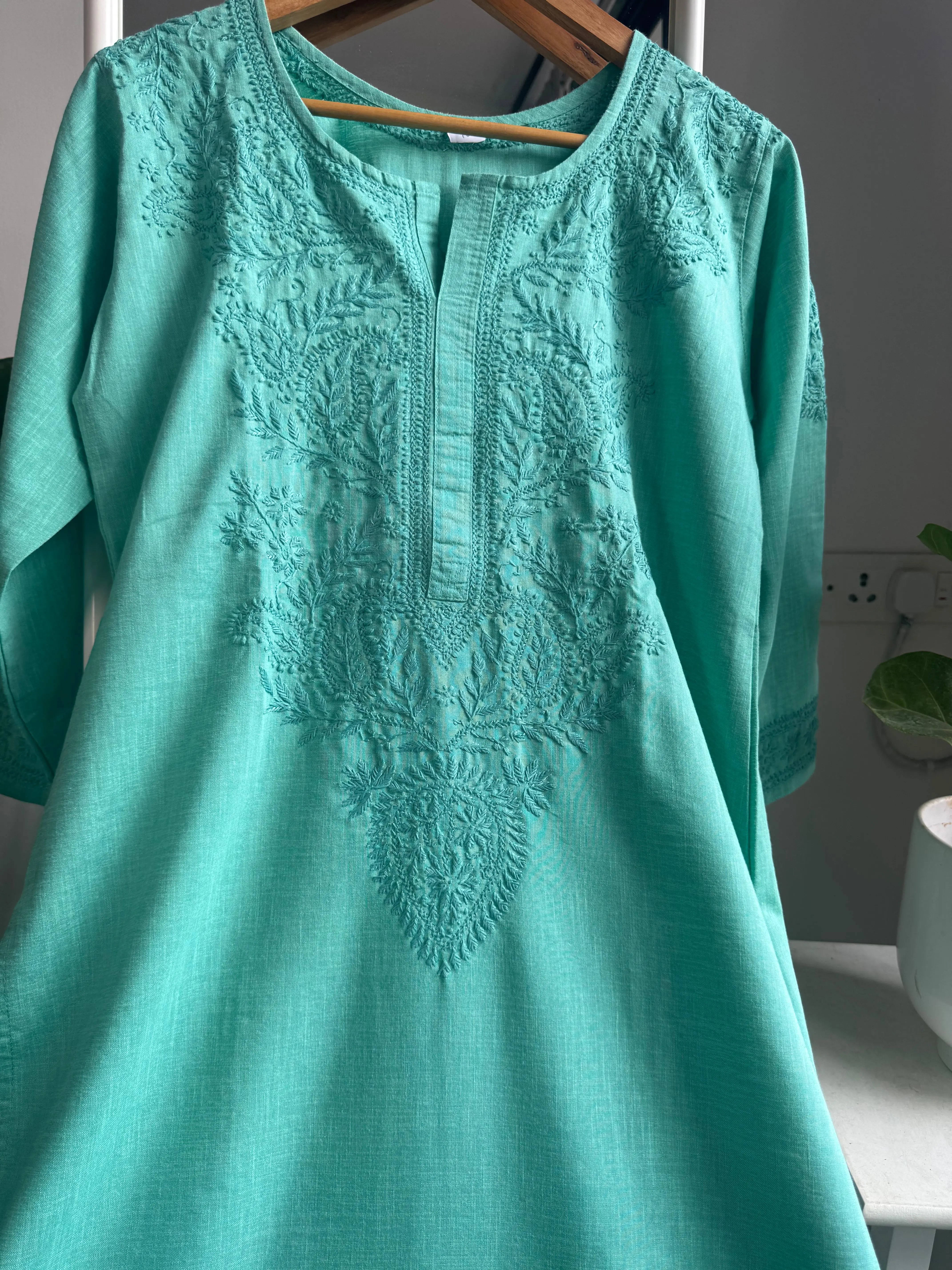 Thick Cotton Chikankari Kurti - Turquoise ARIAA CHIKANKARI