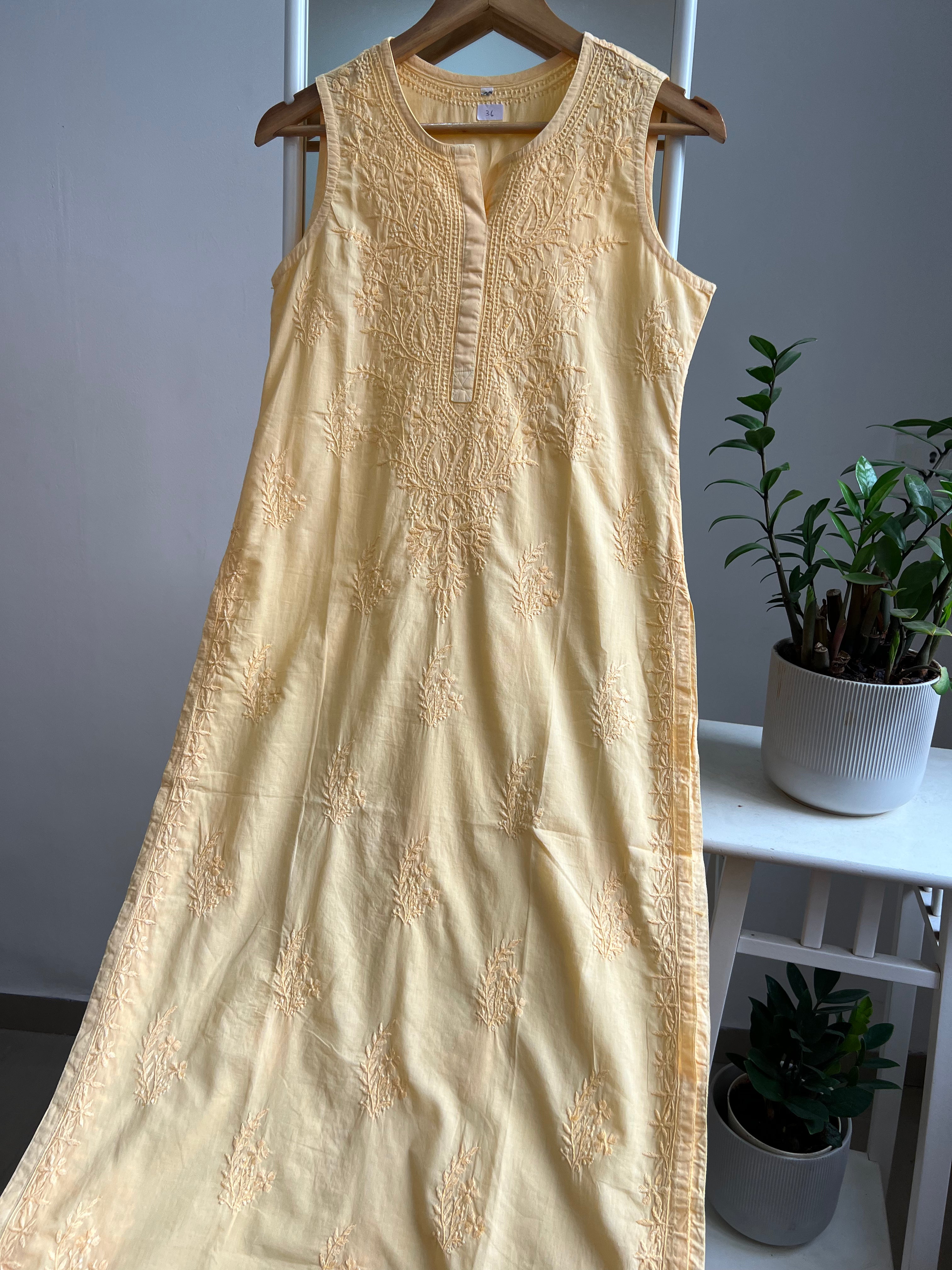 Mul Cotton Sleevless Chikankari Kurti - Yellow ARIAA CHIKANKARI