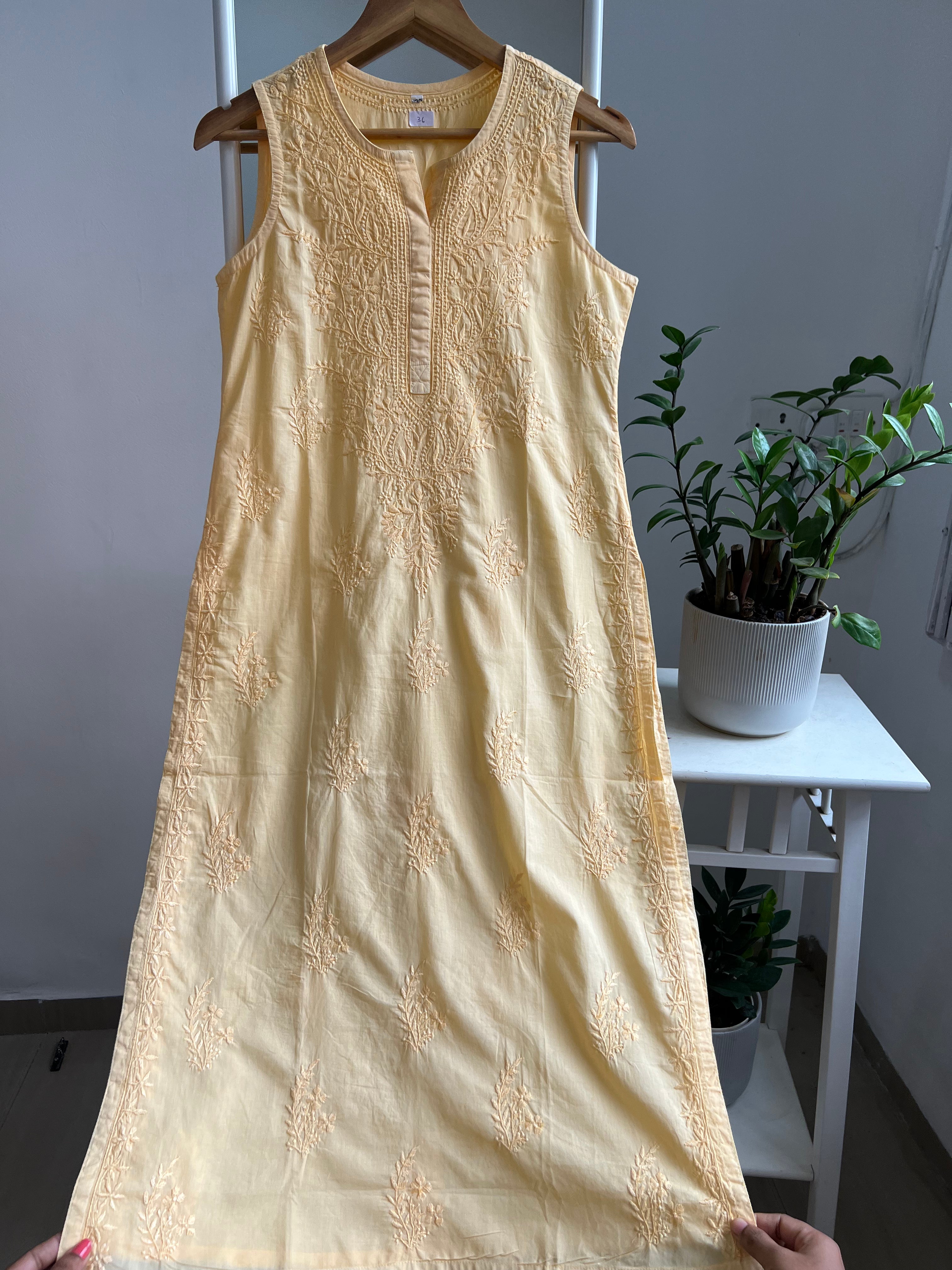 Mul Cotton Sleevless Chikankari Kurti - Yellow ARIAA CHIKANKARI