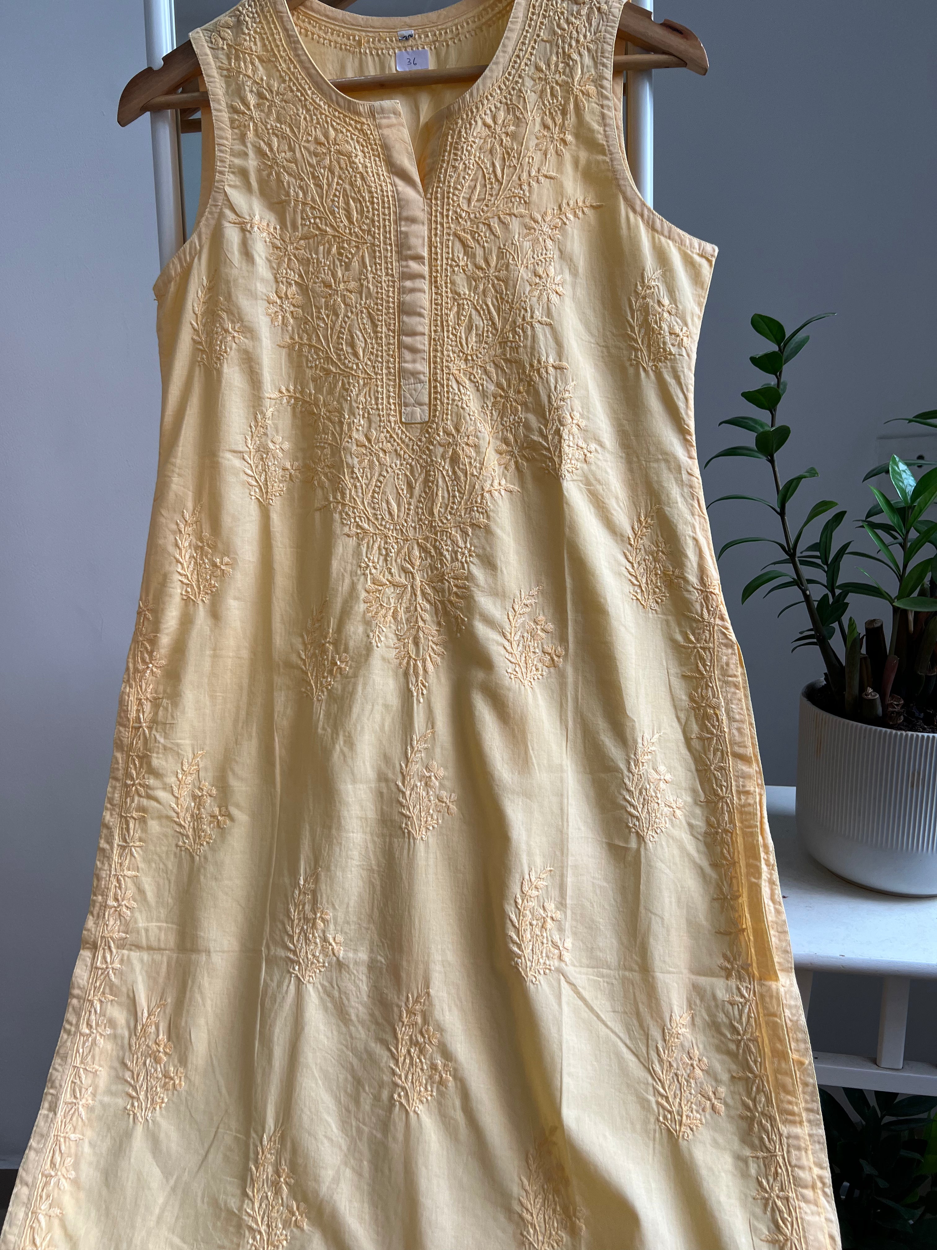 Mul Cotton Sleevless Chikankari Kurti - Yellow ARIAA CHIKANKARI
