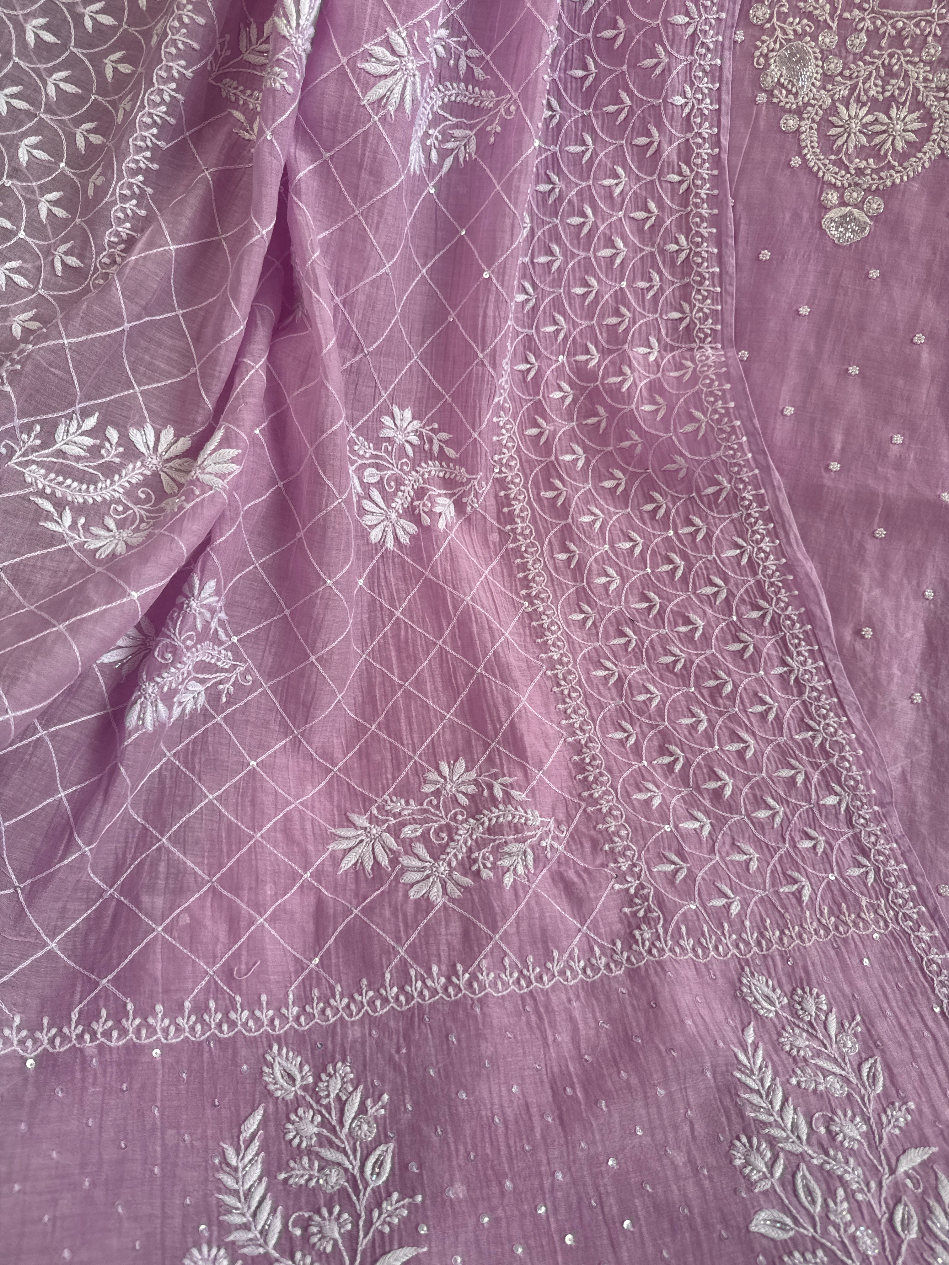 Mul Chanderi Chikankari - Unstitched Set - Lilac
