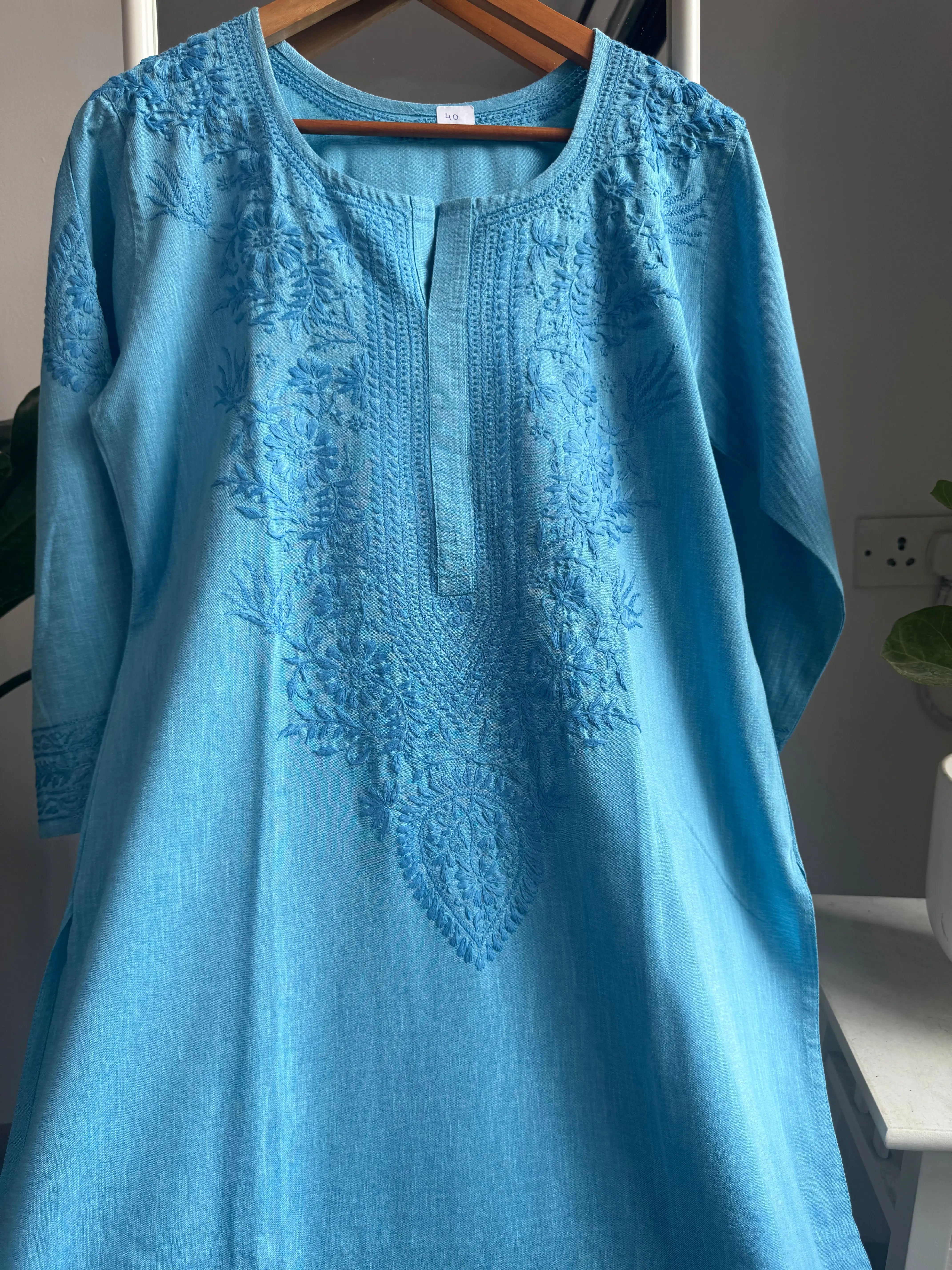 Thick Cotton Chikankari Kurti - Blue ARIAA CHIKANKARI