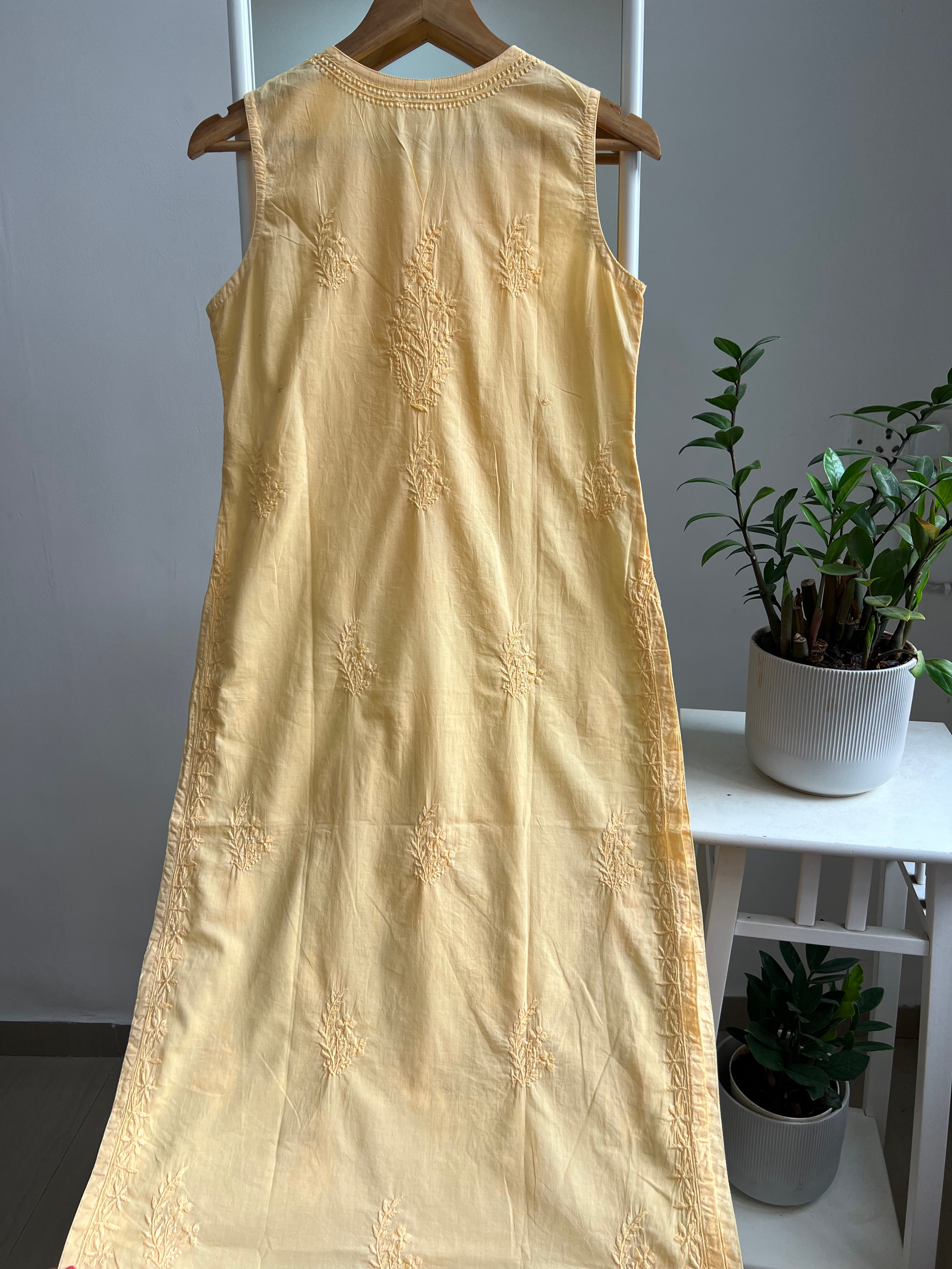 Mul Cotton Sleevless Chikankari Kurti - Yellow ARIAA CHIKANKARI