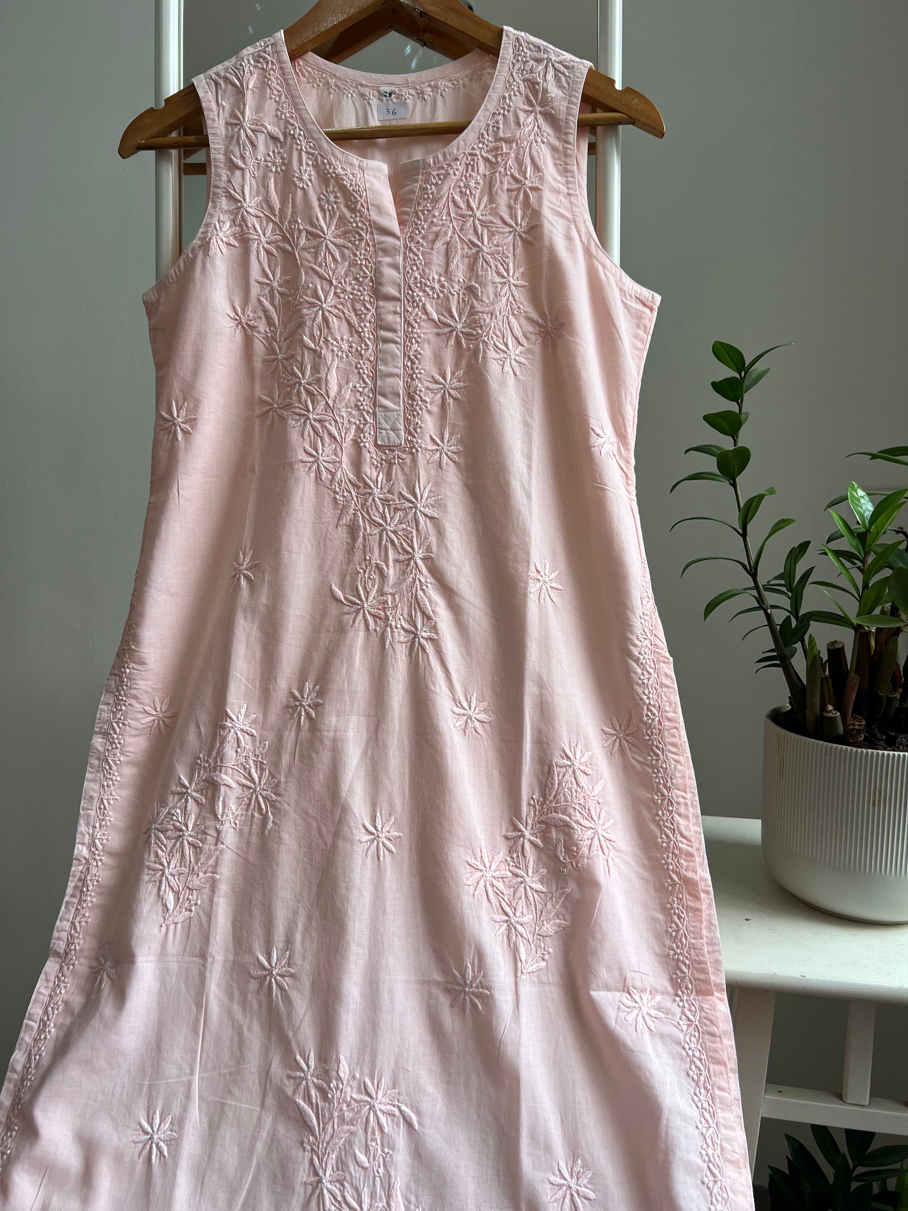 Mul Cotton Sleevless Chikankari Kurti - Peach ARIAA CHIKANKARI