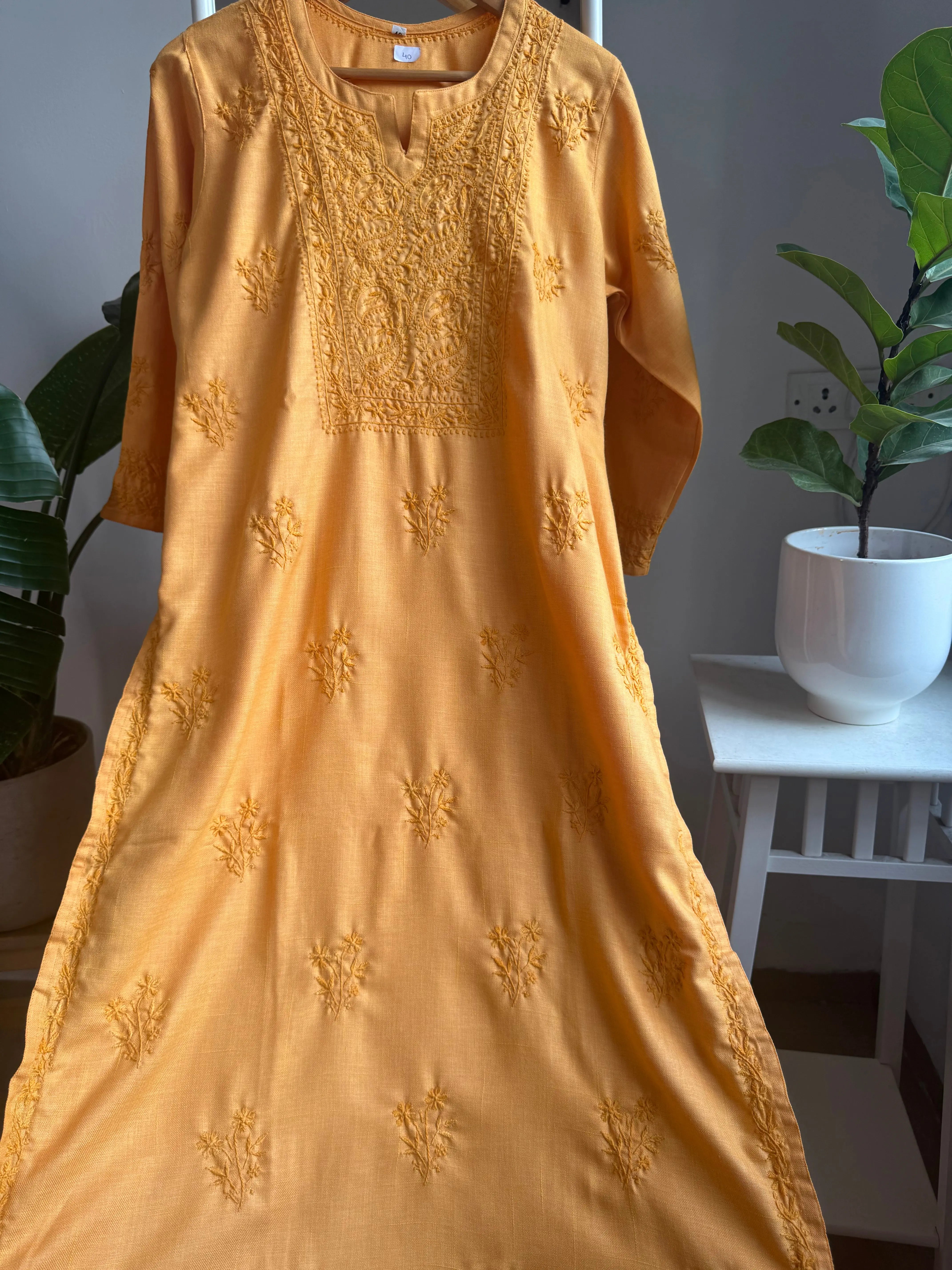 Thick Cotton Chikankari Kurti - Sunset Orange ARIAA CHIKANKARI