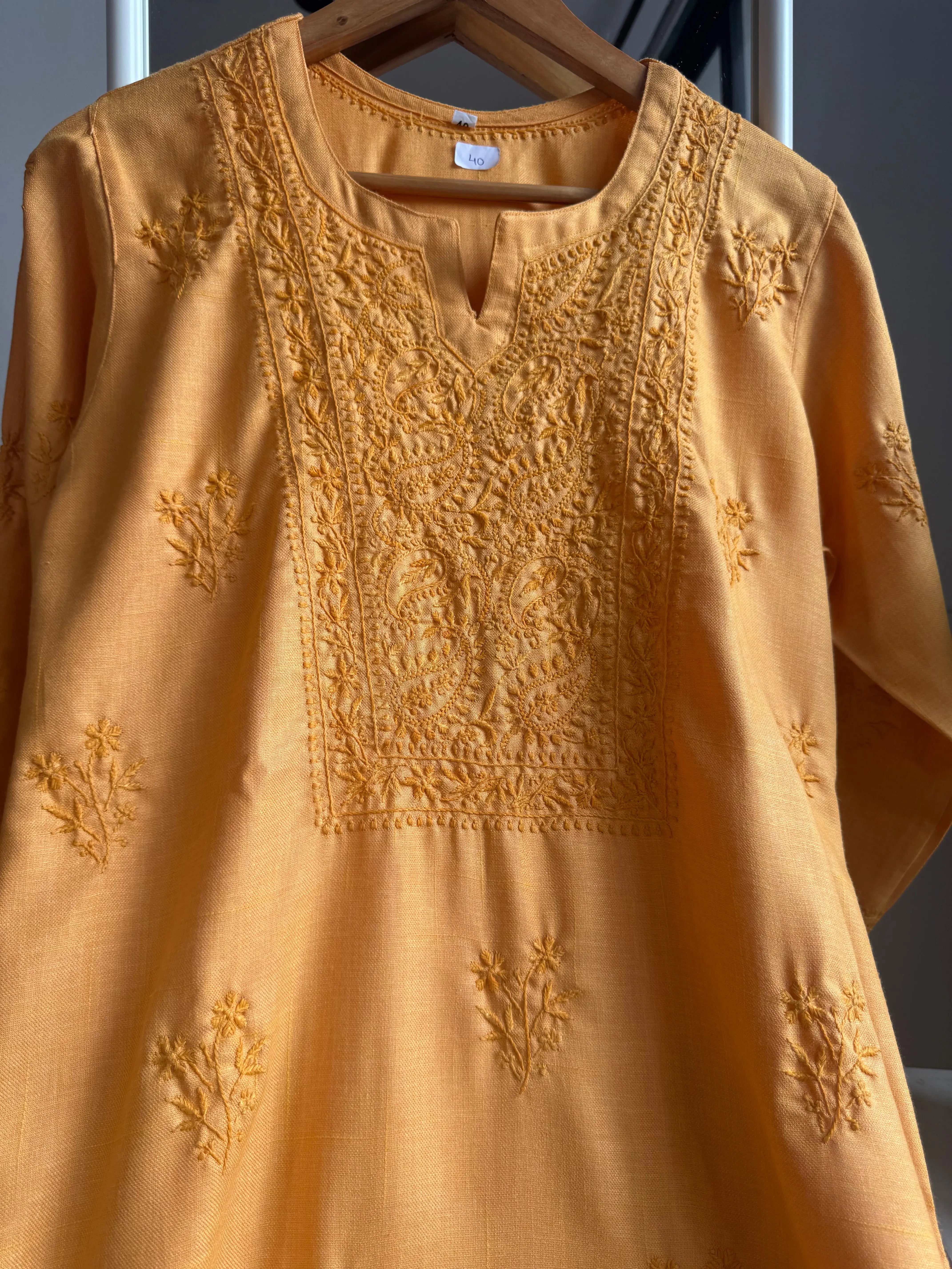 Thick Cotton Chikankari Kurti - Sunset Orange ARIAA CHIKANKARI