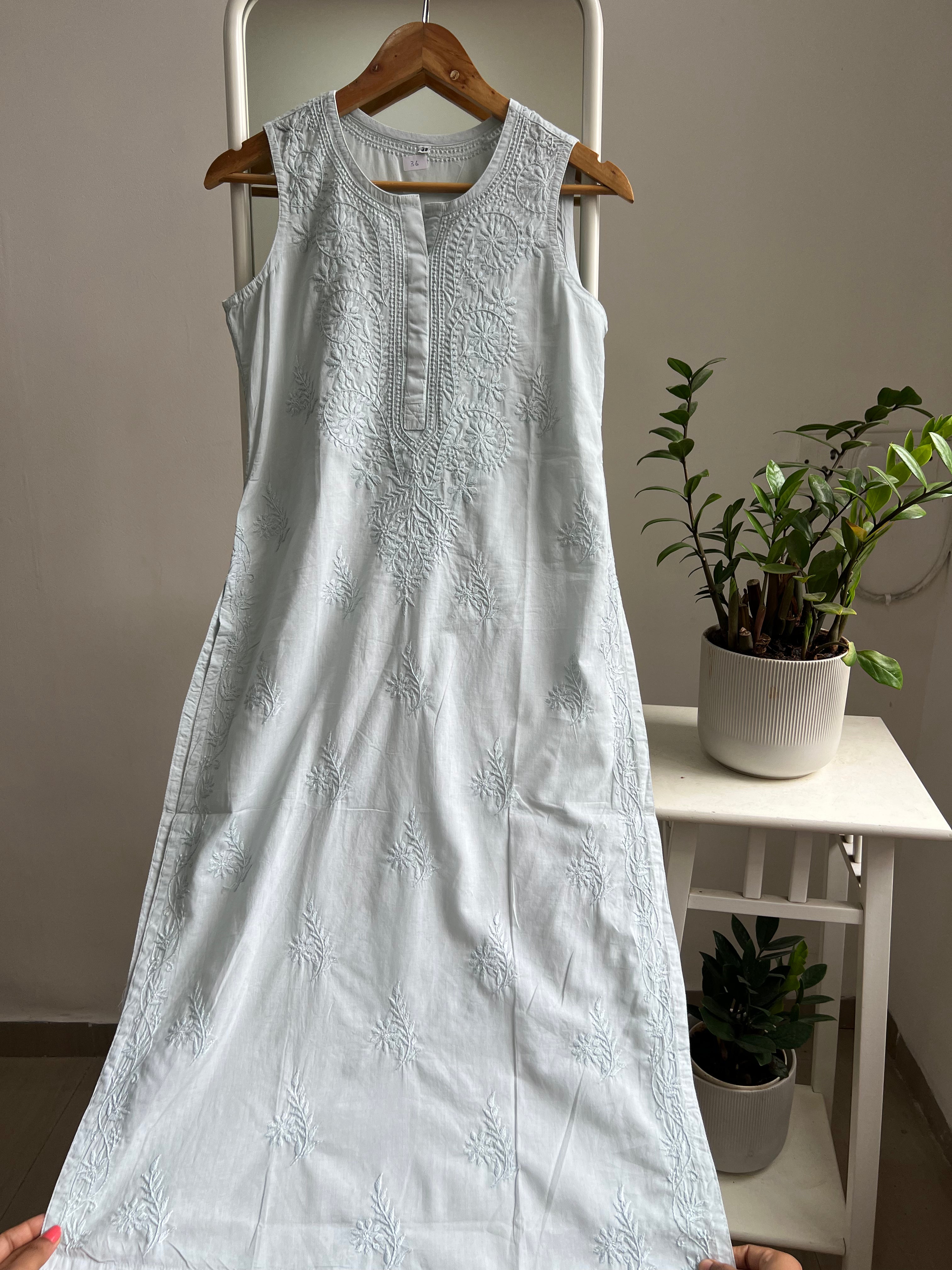 Mul Cotton Sleevless Chikankari Kurti - Green ARIAA CHIKANKARI