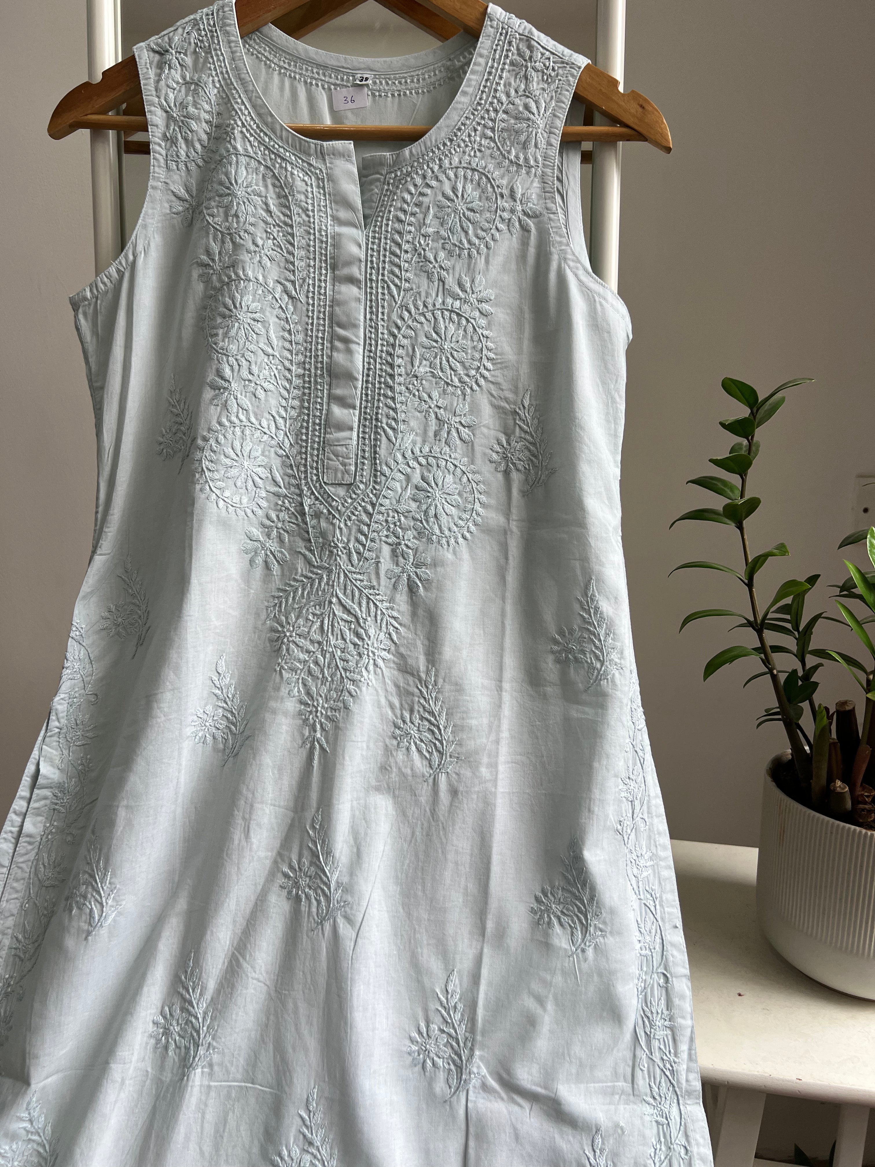 Mul Cotton Sleevless Chikankari Kurti - Green ARIAA CHIKANKARI
