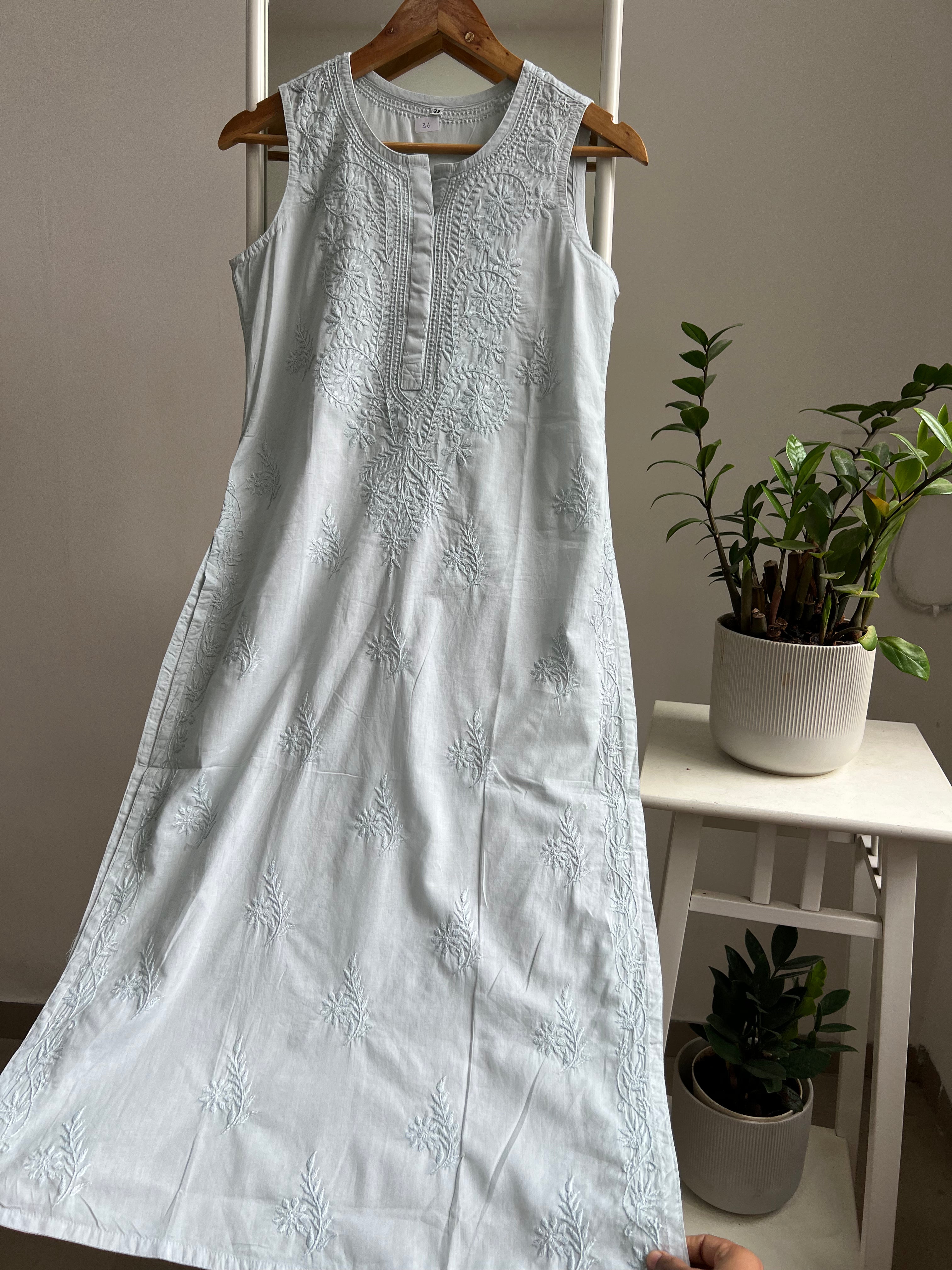 Mul Cotton Sleevless Chikankari Kurti - Green ARIAA CHIKANKARI