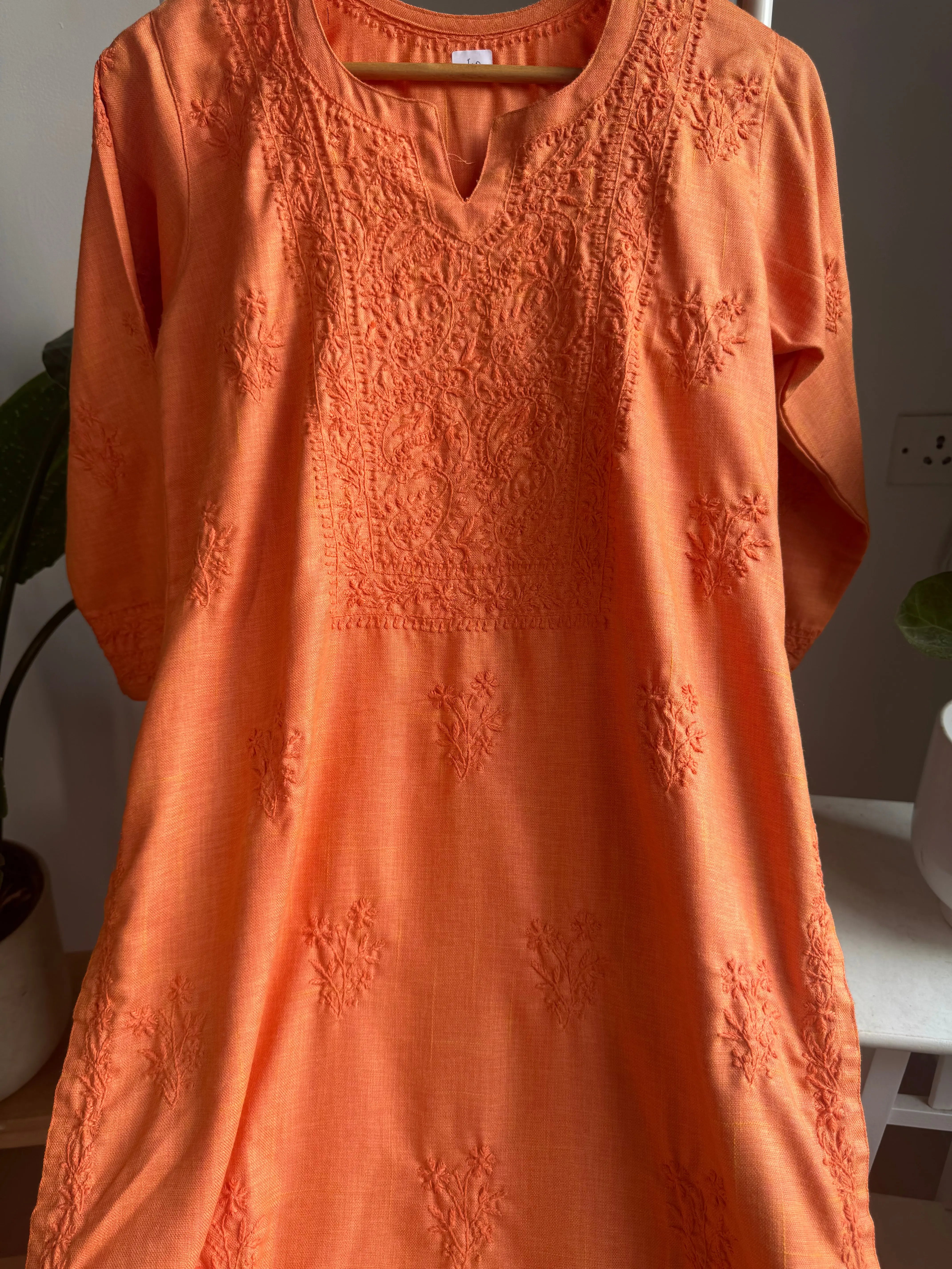 Thick Cotton Chikankari Kurti - Orange ARIAA CHIKANKARI