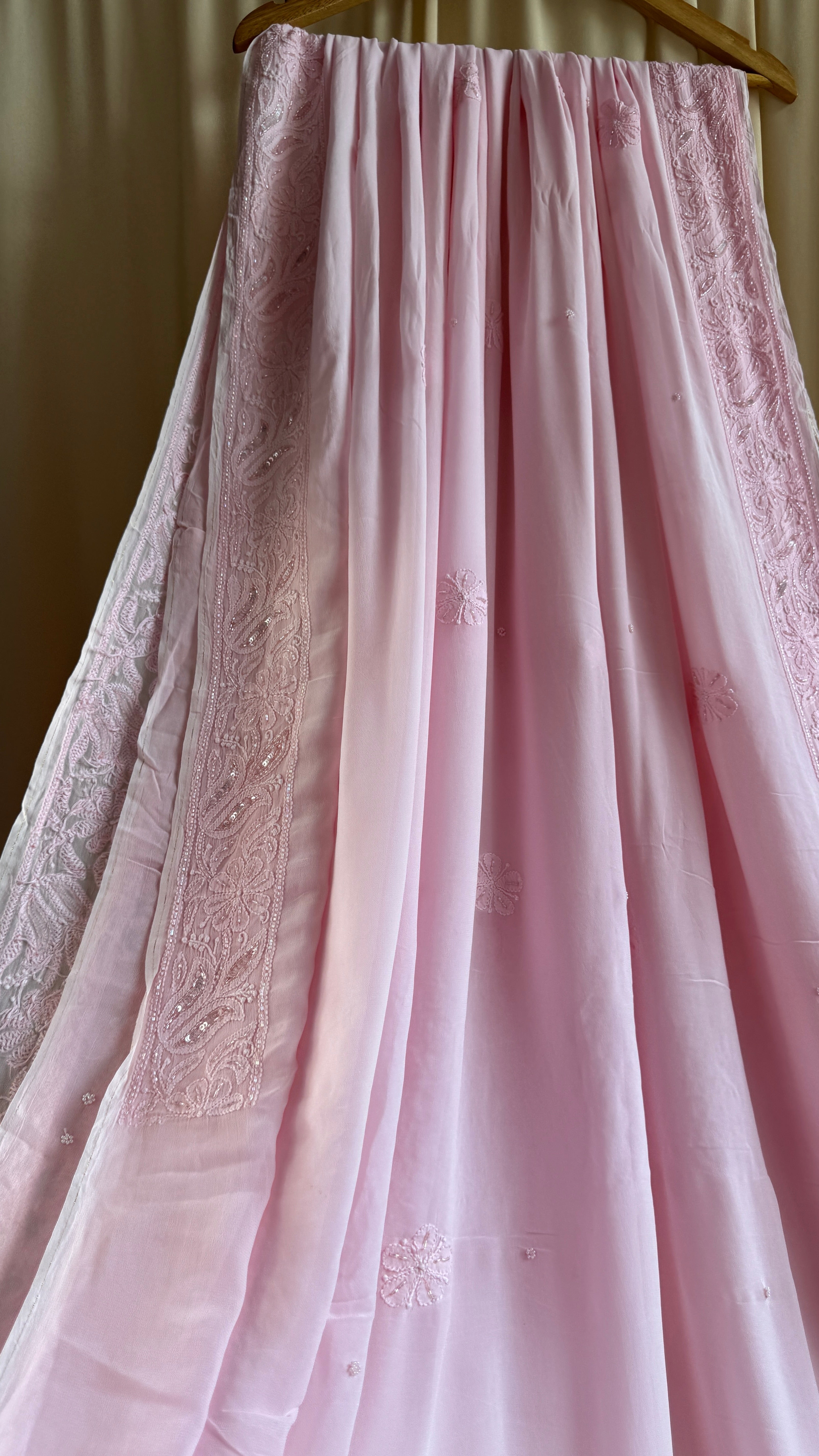 Viscose Chikankari saree with Pearl embellishments - Pink