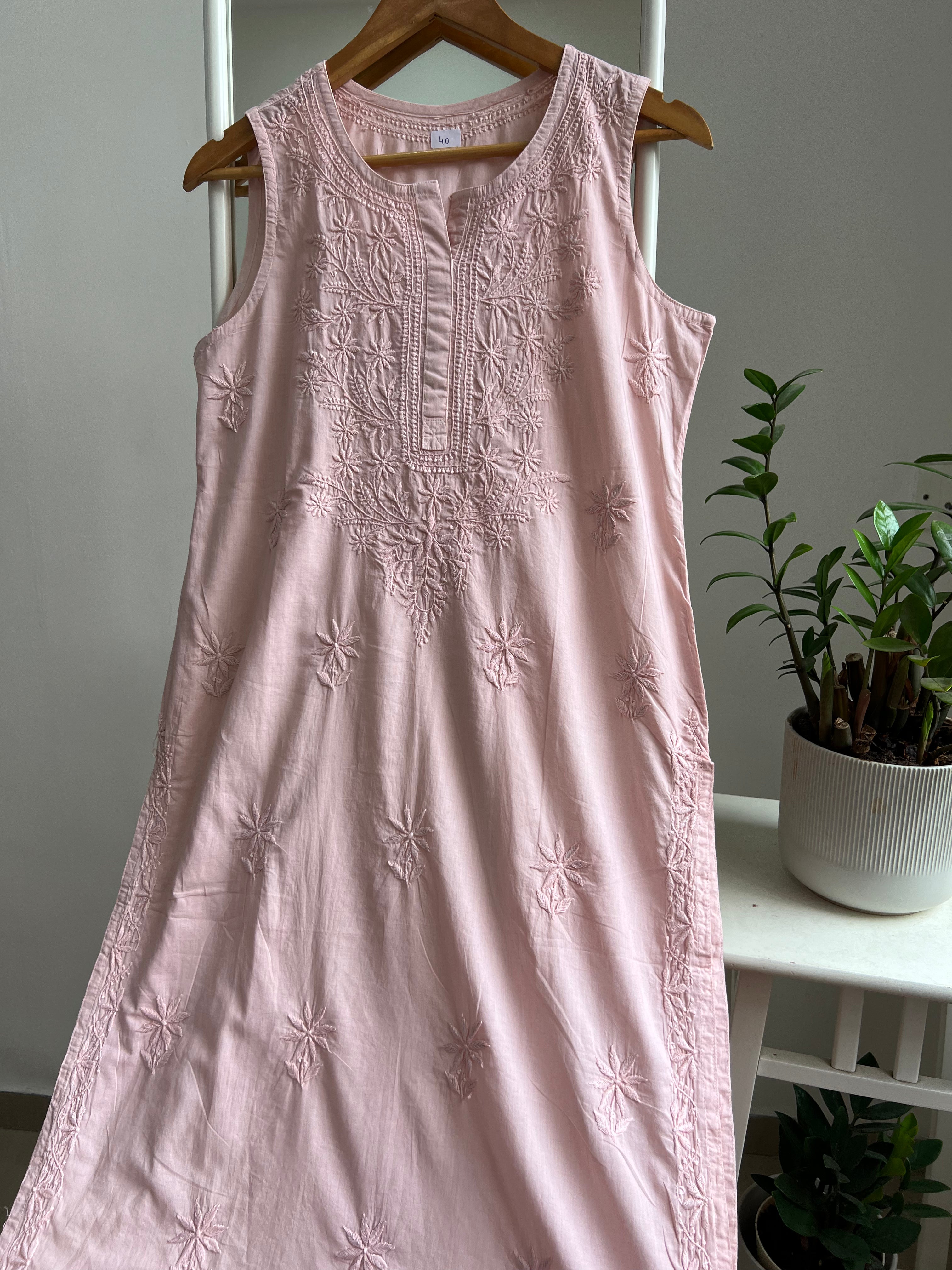 Mul Cotton Sleevless Chikankari Kurti - Pale Pink ARIAA CHIKANKARI