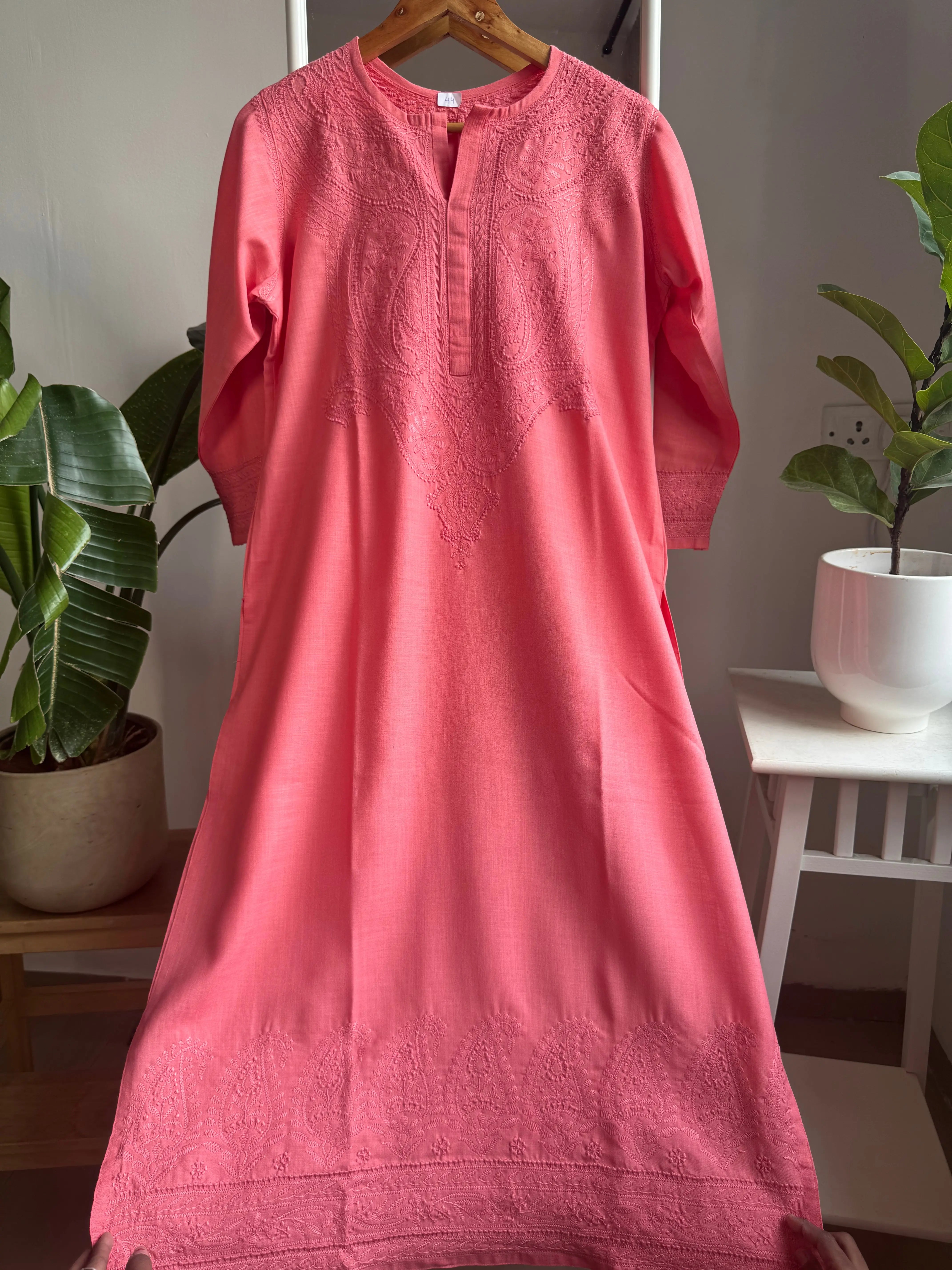 Thick Cotton Chikankari Kurti - Pink ARIAA CHIKANKARI