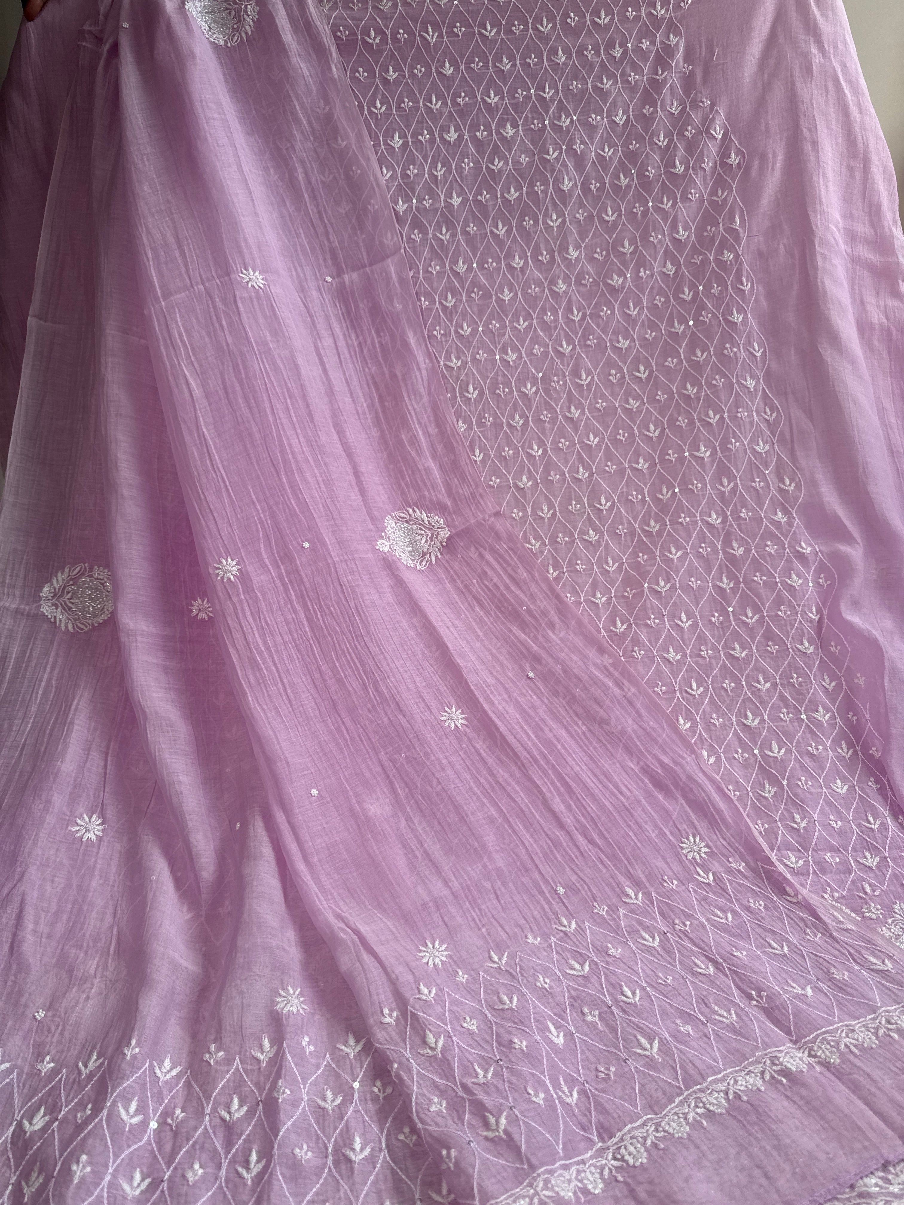 Mul Chanderi Chikankari - Unstitched Set - Lilac