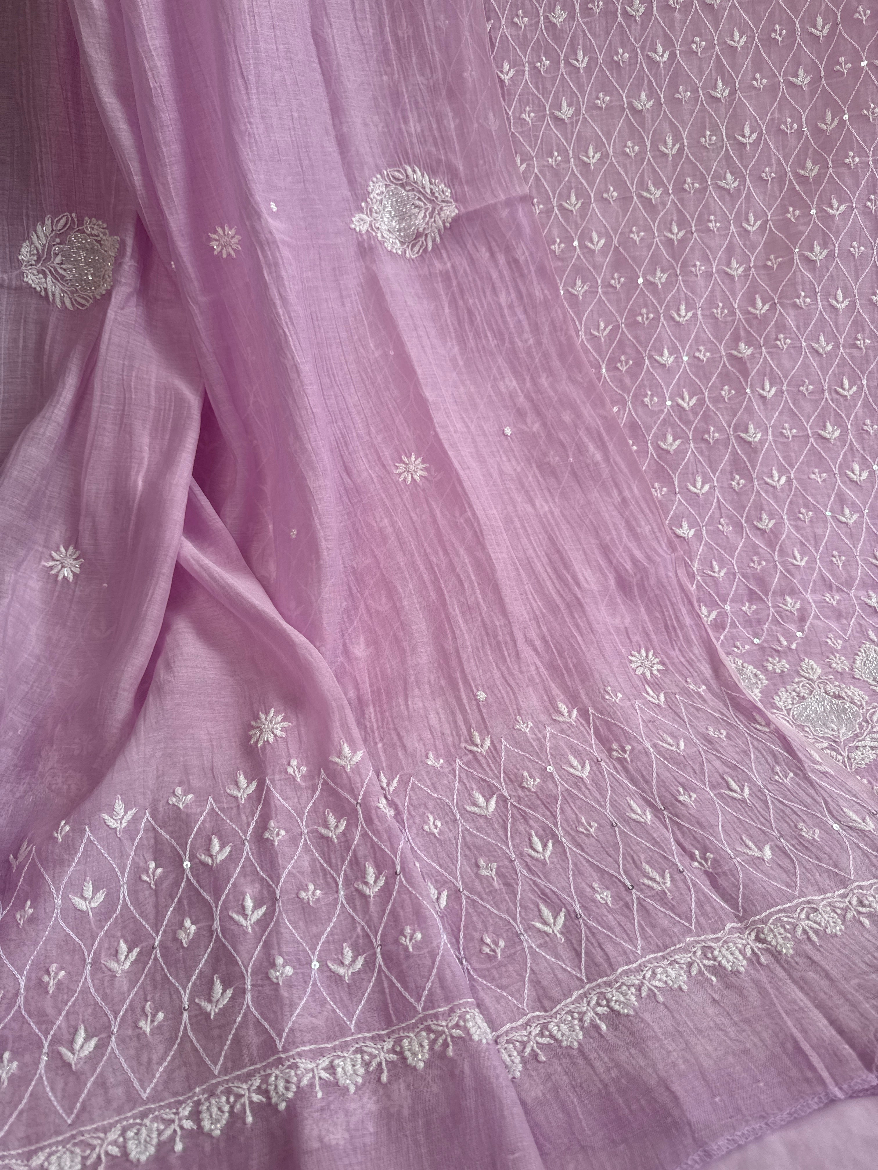 Mul Chanderi Chikankari - Unstitched Set - Lilac