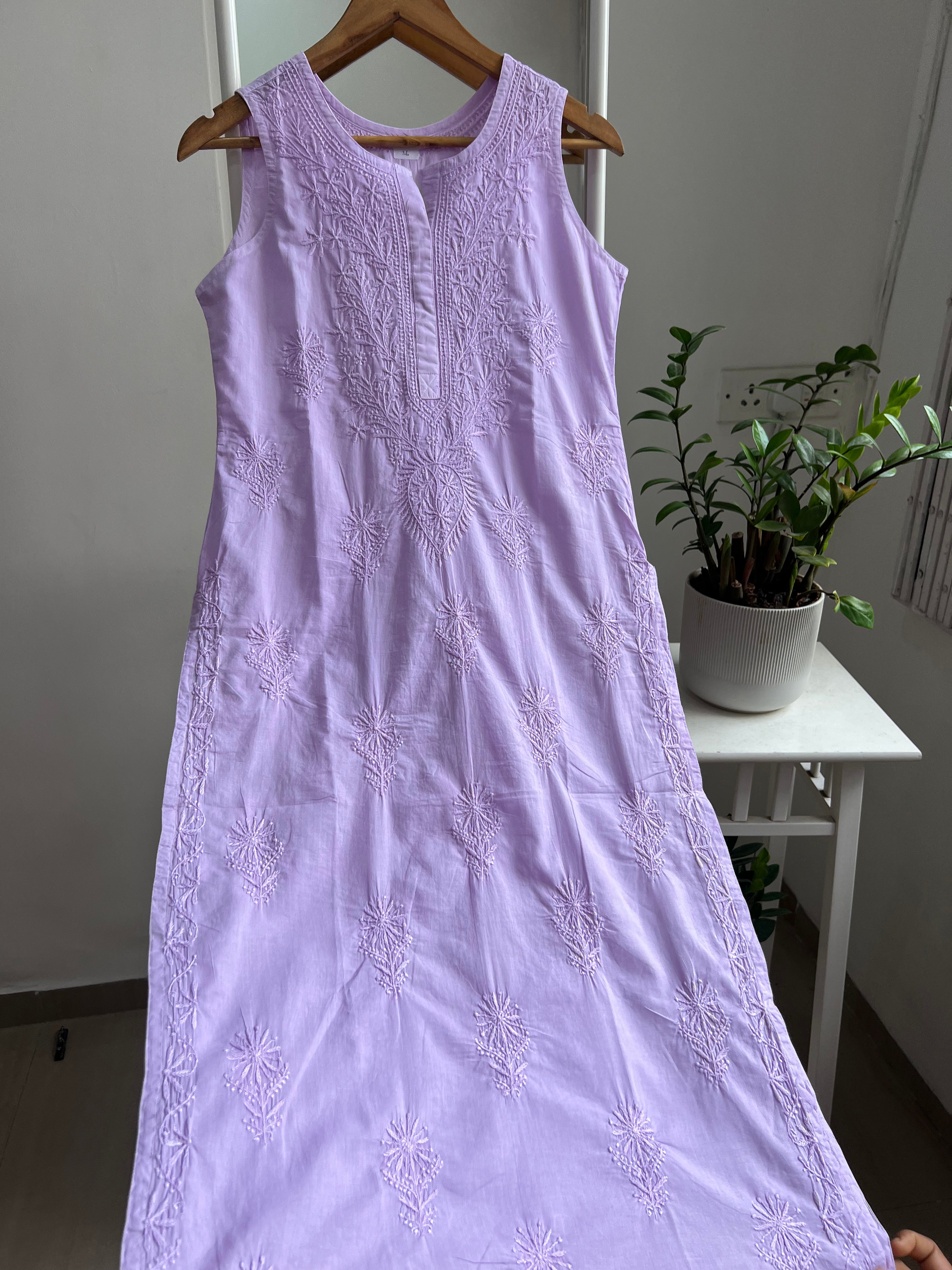 Mul Cotton Sleevless Chikankari Kurti - Lilac ARIAA CHIKANKARI