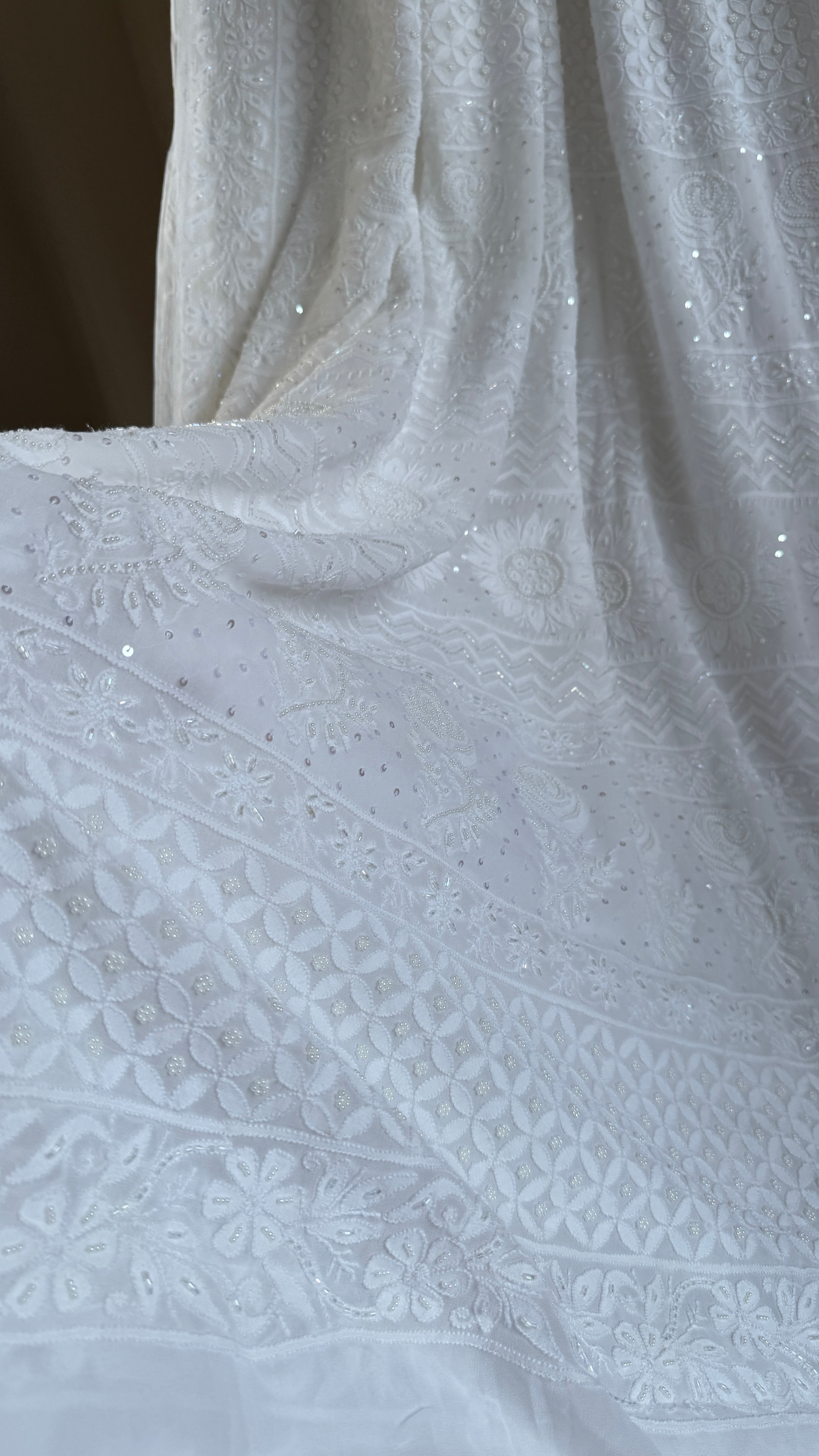 Viscose White Chikankari saree with Pearl embellishments