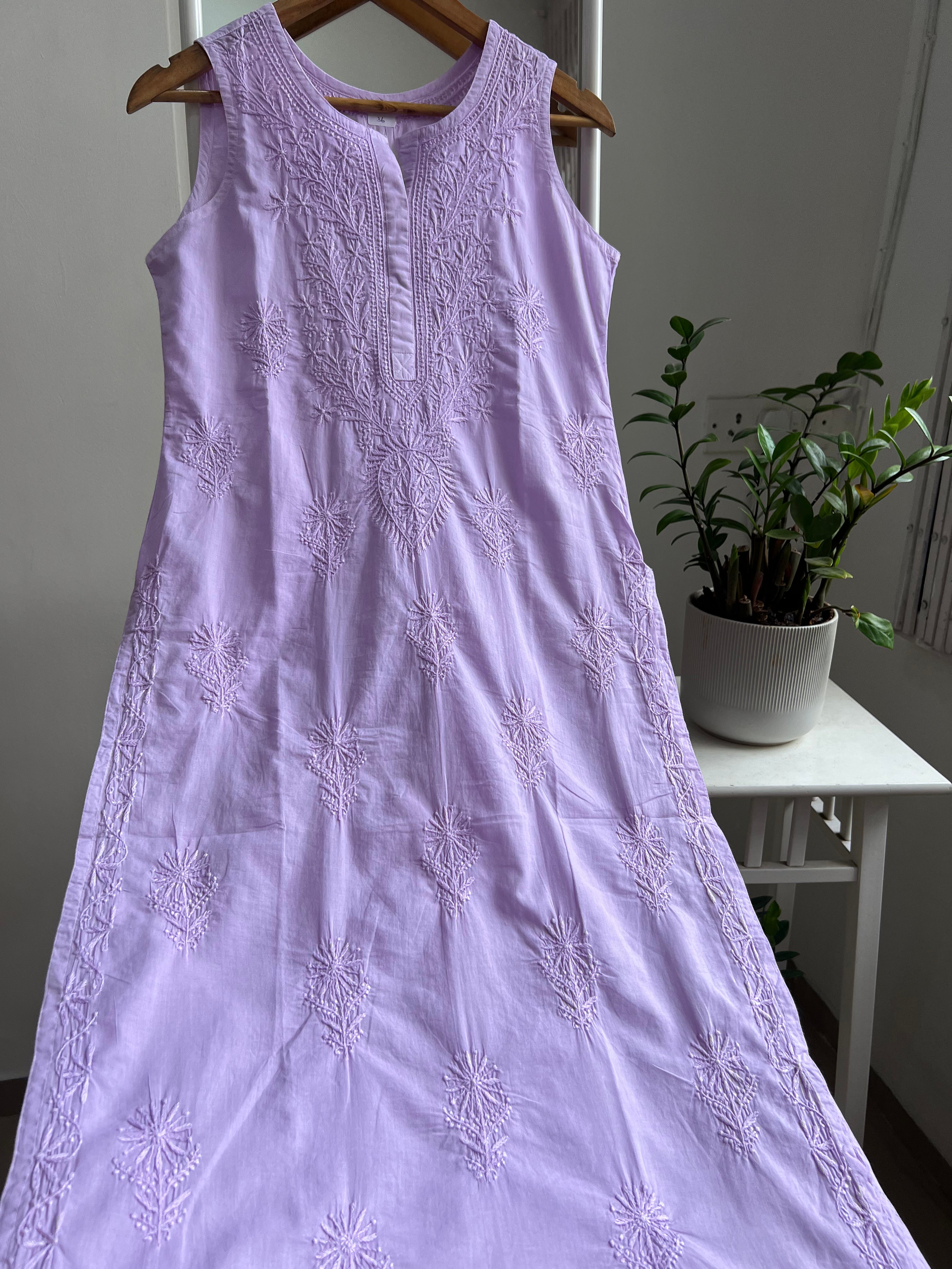 Mul Cotton Sleevless Chikankari Kurti - Lilac ARIAA CHIKANKARI