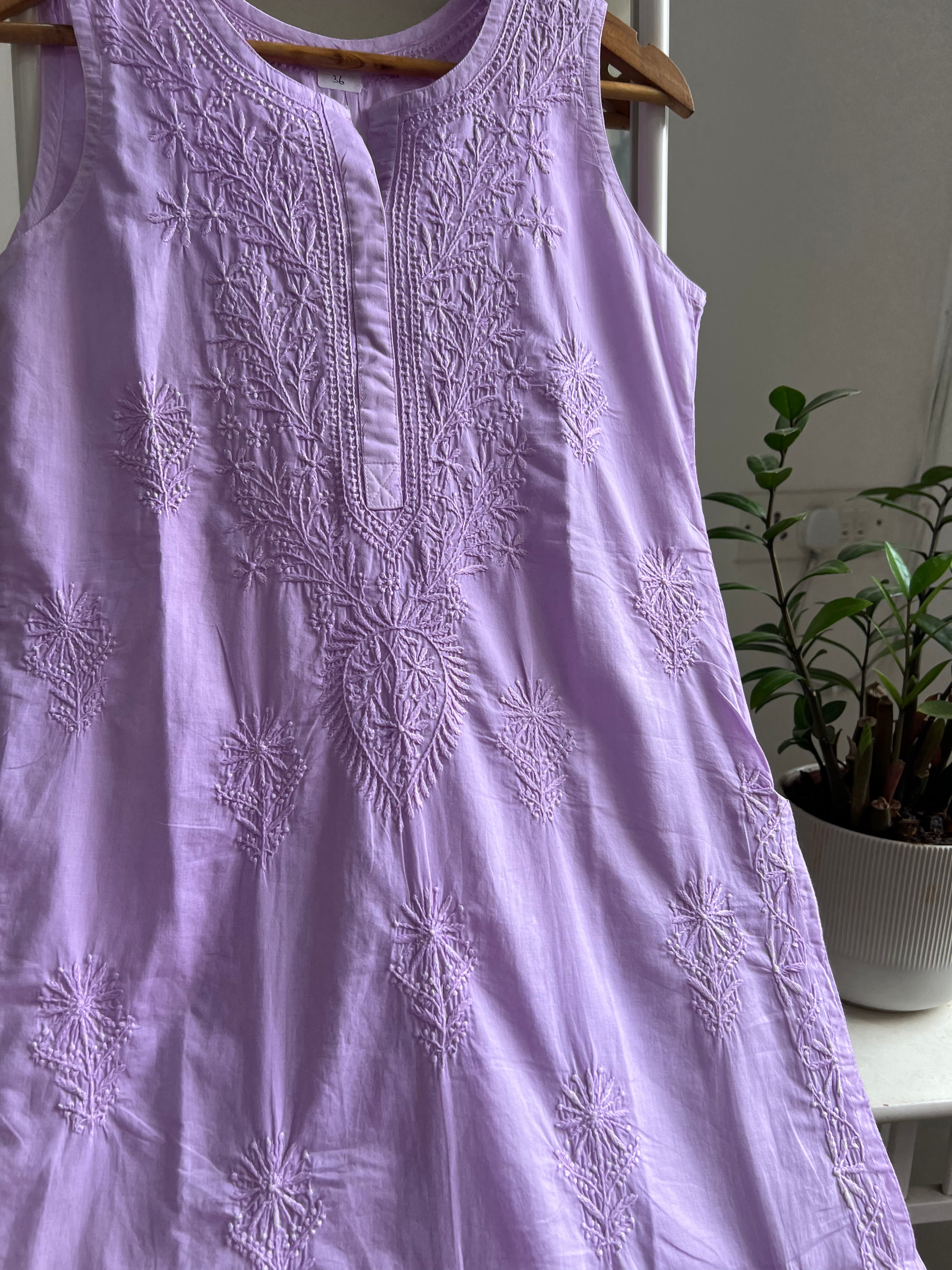 Mul Cotton Sleevless Chikankari Kurti - Lilac ARIAA CHIKANKARI