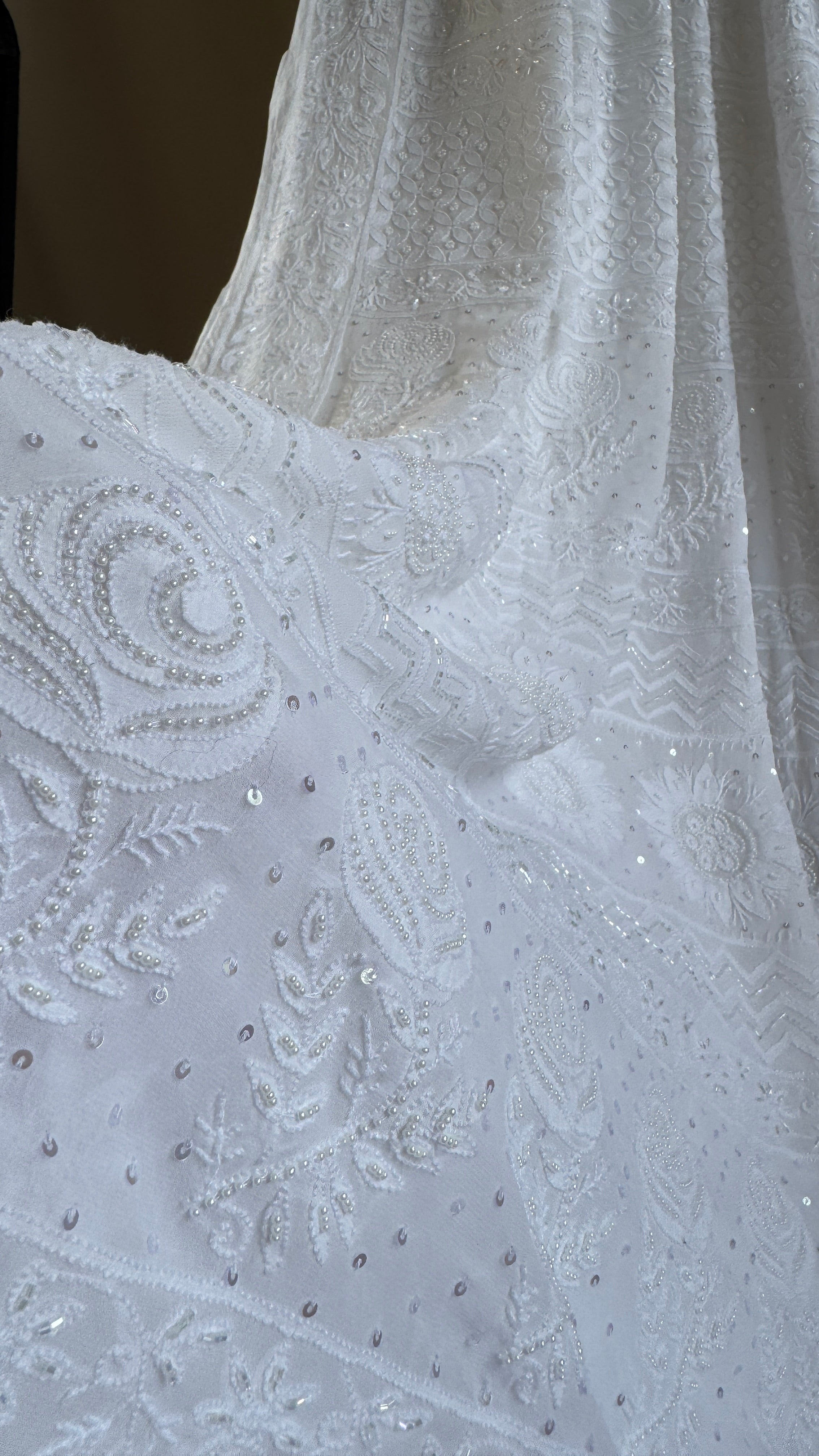 Viscose White Chikankari saree with Pearl embellishments