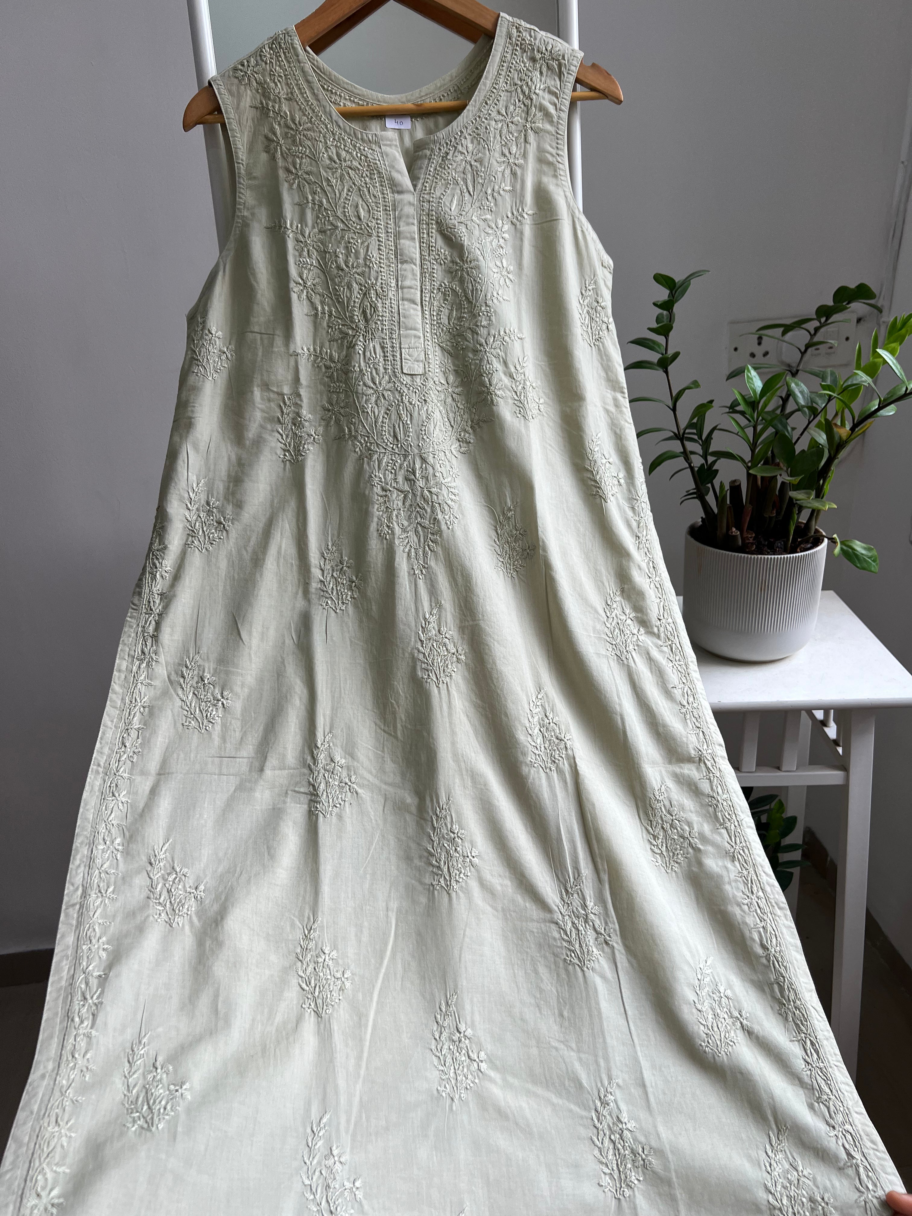 Mul Cotton Sleevless Chikankari Kurti - Sheen Green ARIAA CHIKANKARI