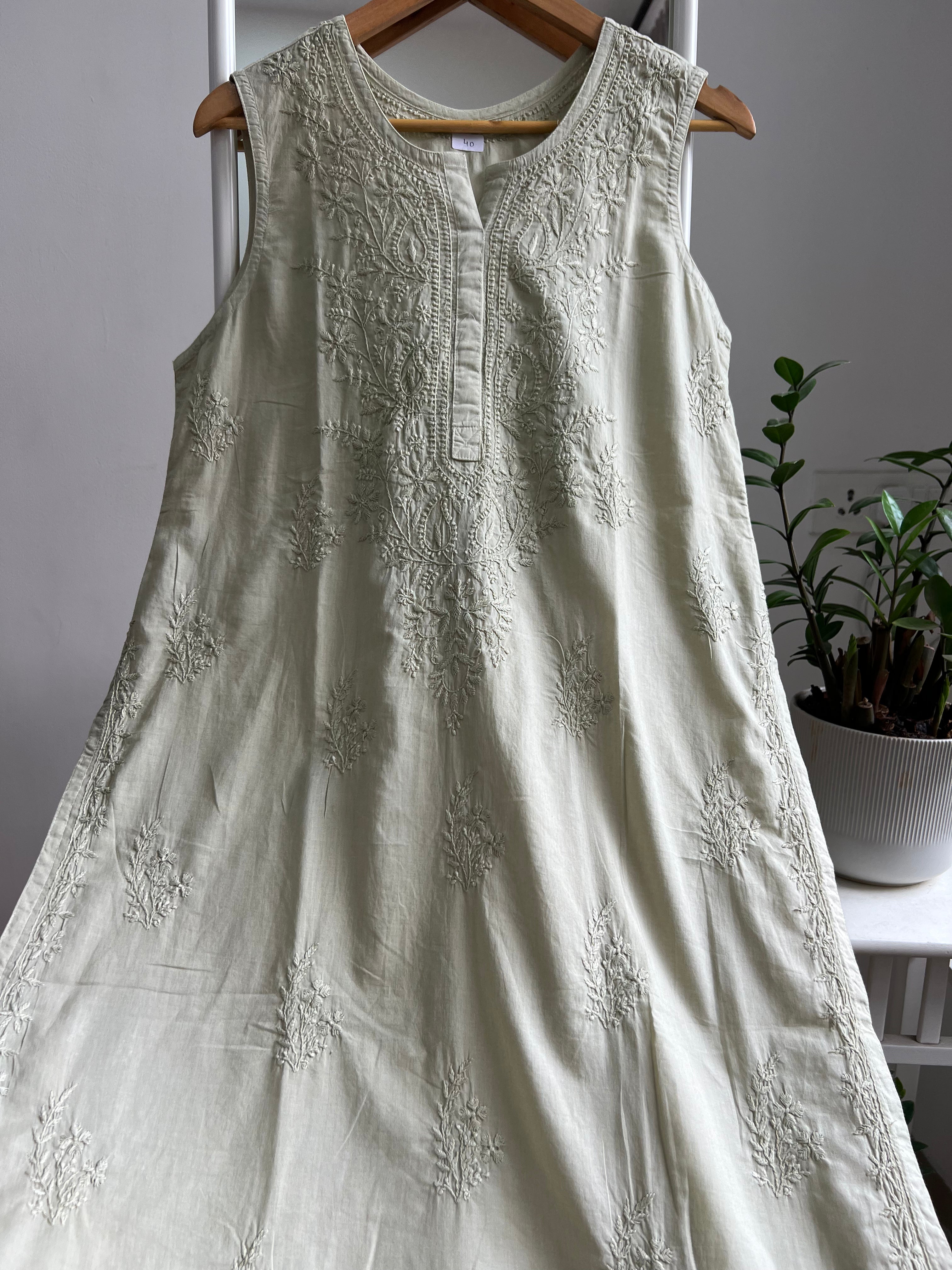 Mul Cotton Sleevless Chikankari Kurti - Sheen Green ARIAA CHIKANKARI