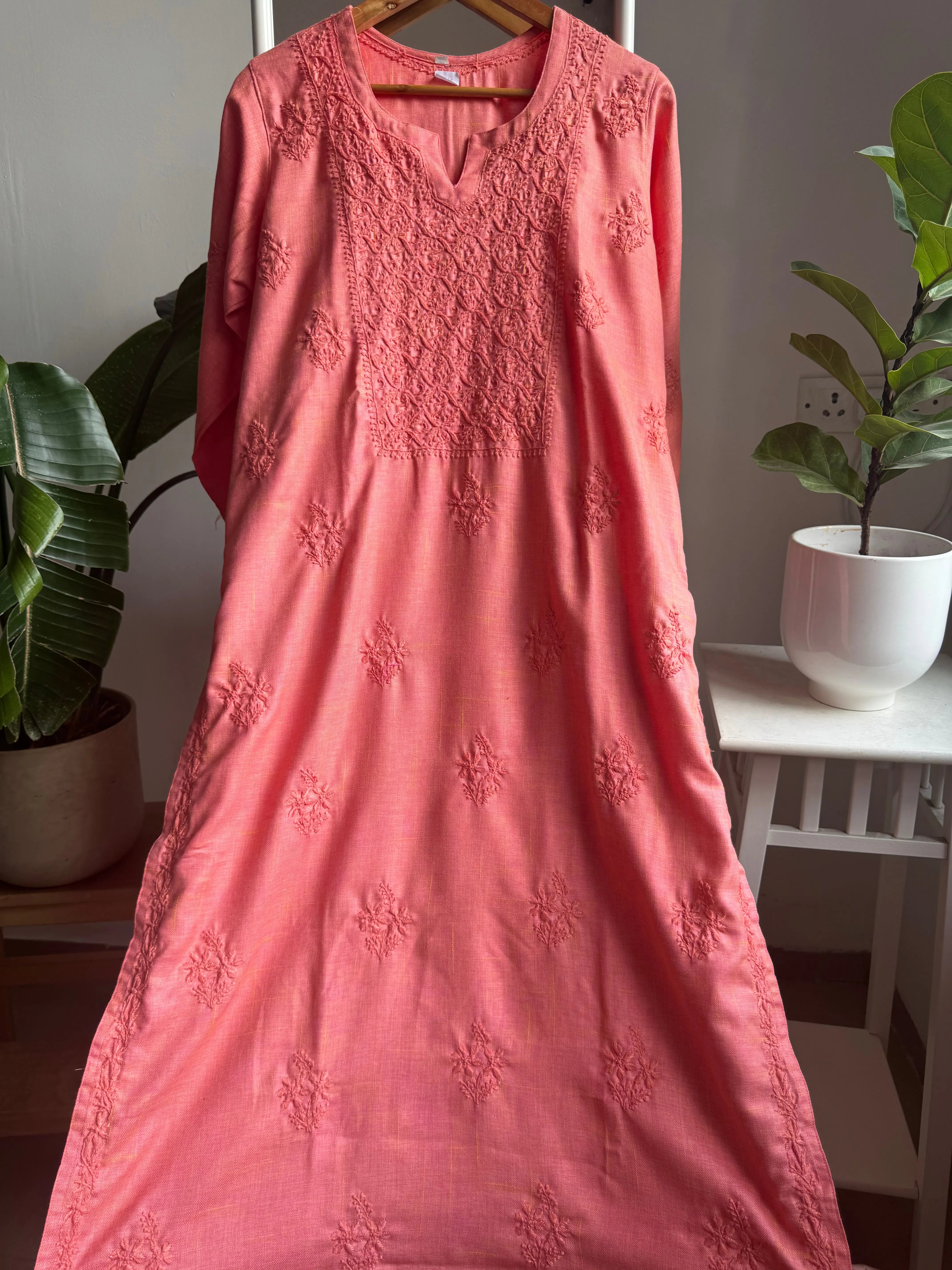 Thick Cotton Chikankari Kurti - Carrot Pink ARIAA CHIKANKARI