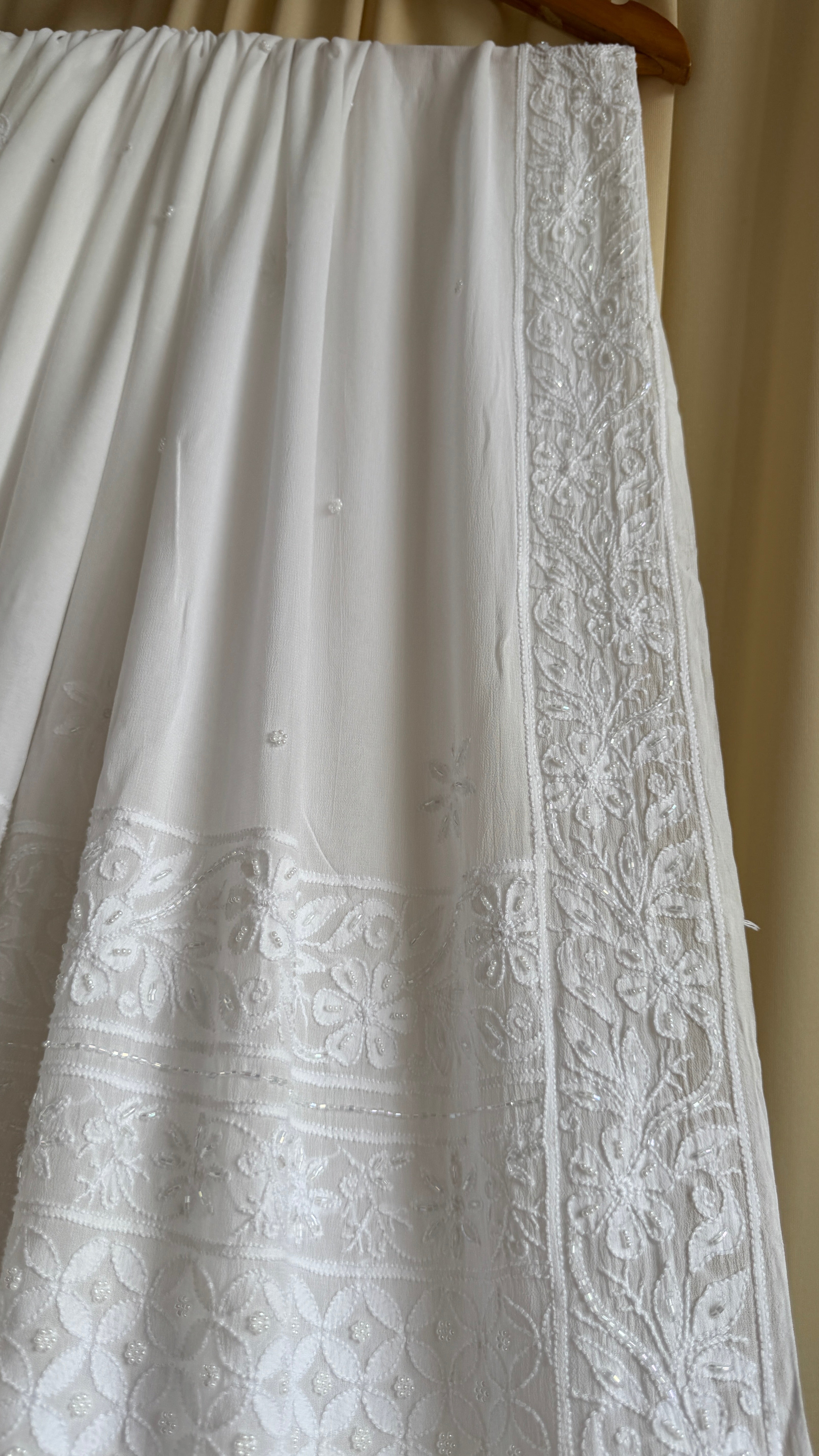 Viscose White Chikankari saree with Pearl embellishments