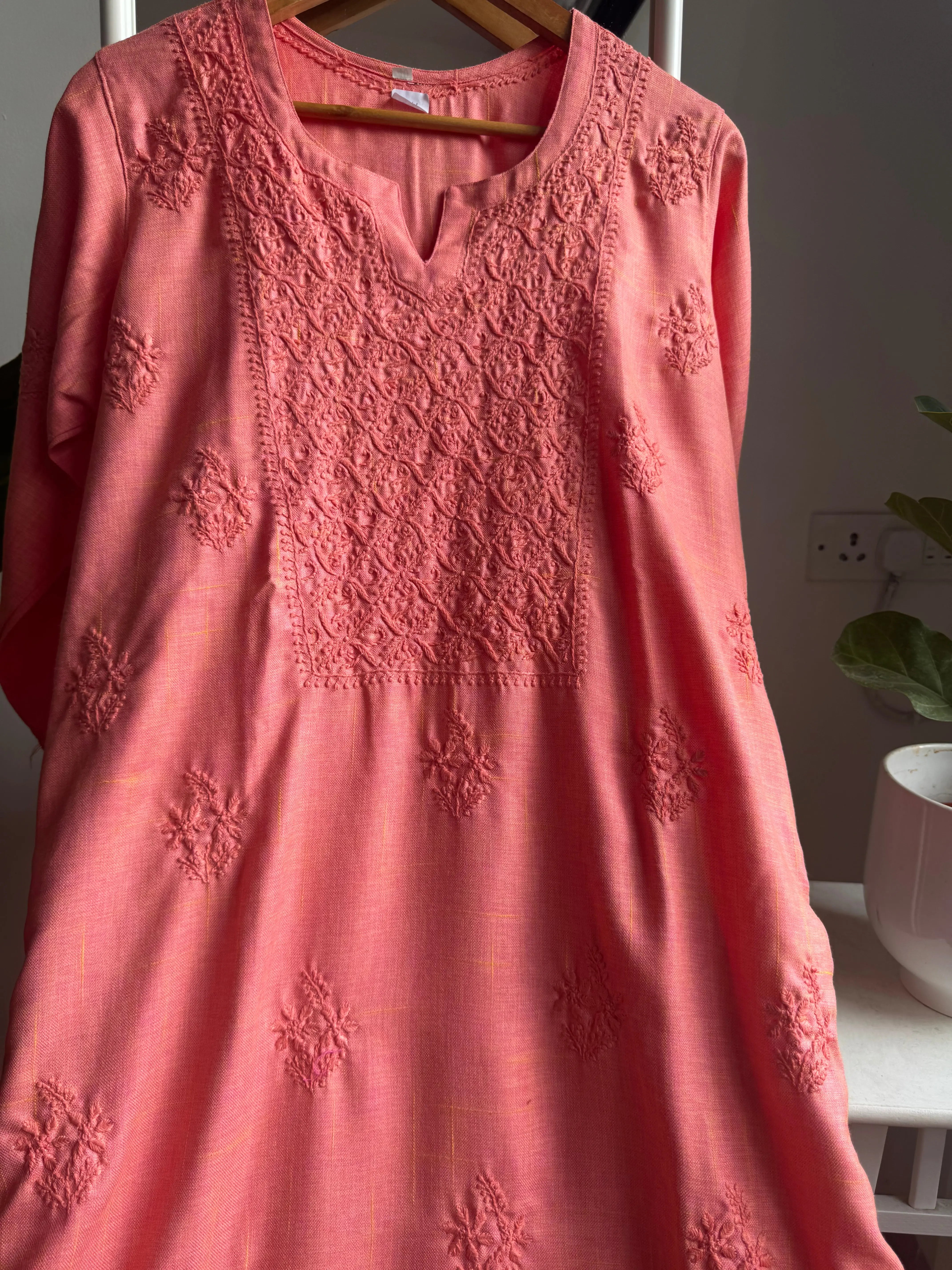 Thick Cotton Chikankari Kurti - Carrot Pink ARIAA CHIKANKARI