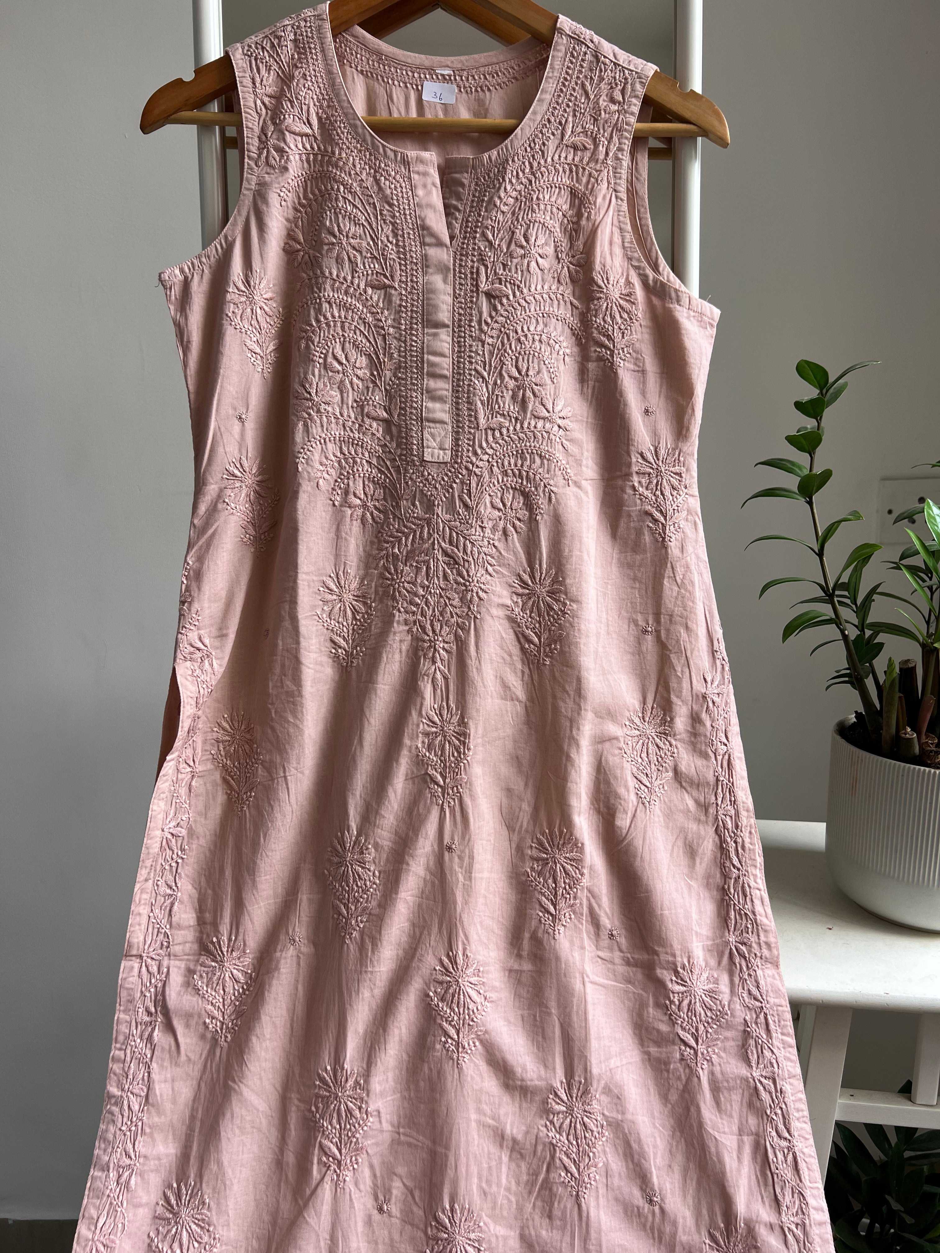 Mul Cotton Sleevless Chikankari Kurti - Brown ARIAA CHIKANKARI