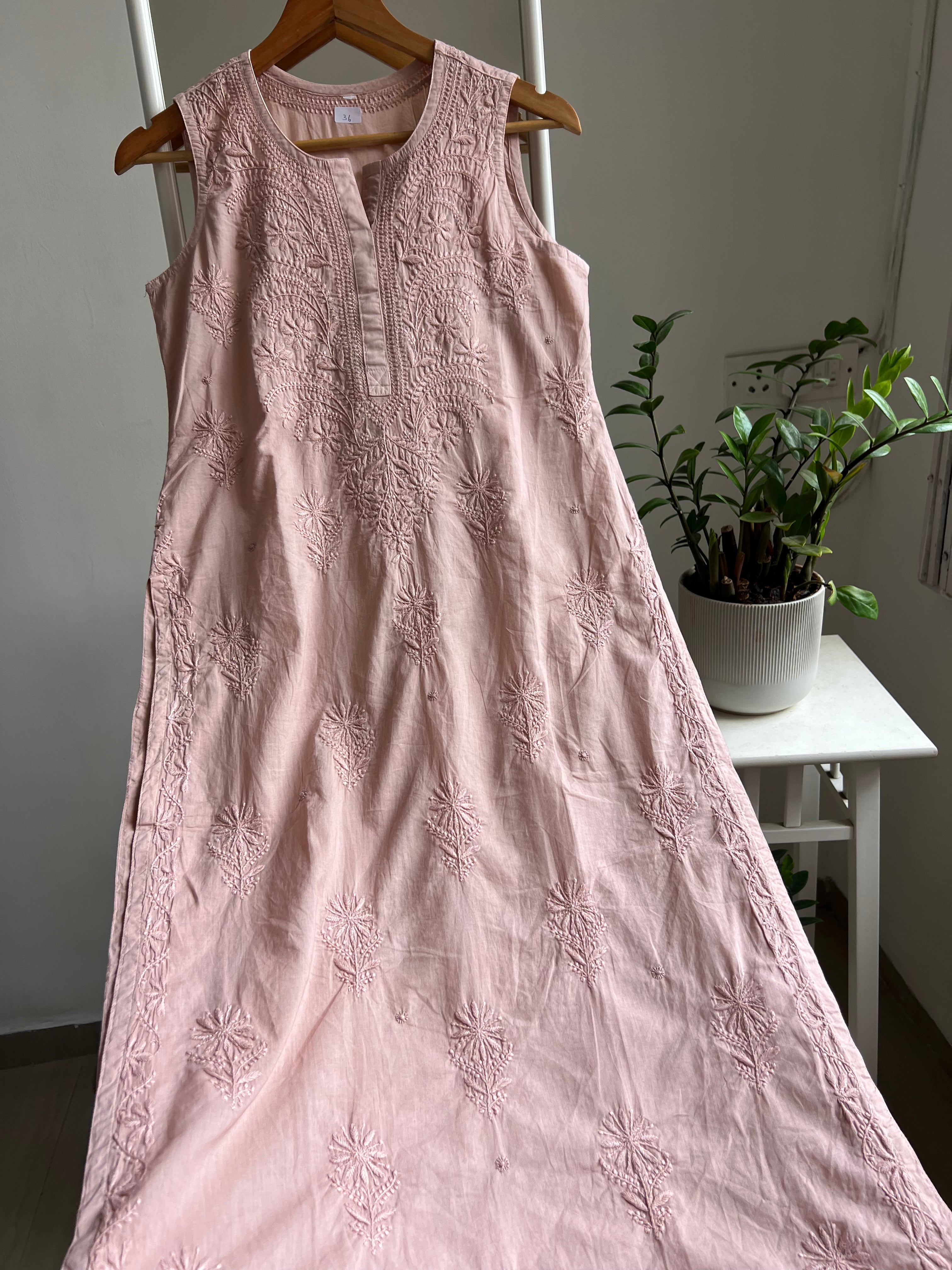 Mul Cotton Sleevless Chikankari Kurti - Brown ARIAA CHIKANKARI