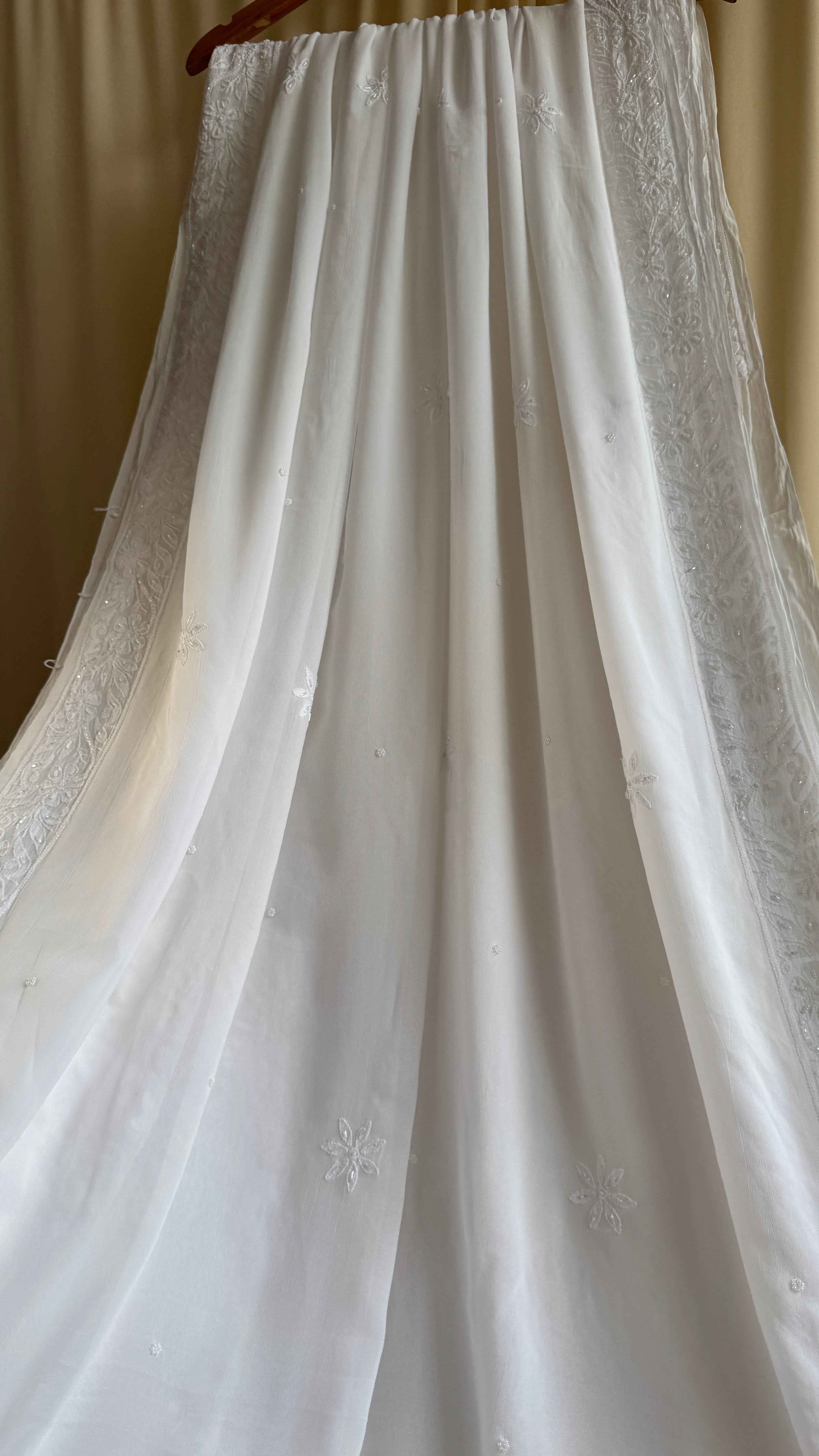 Viscose White Chikankari saree with Pearl embellishments