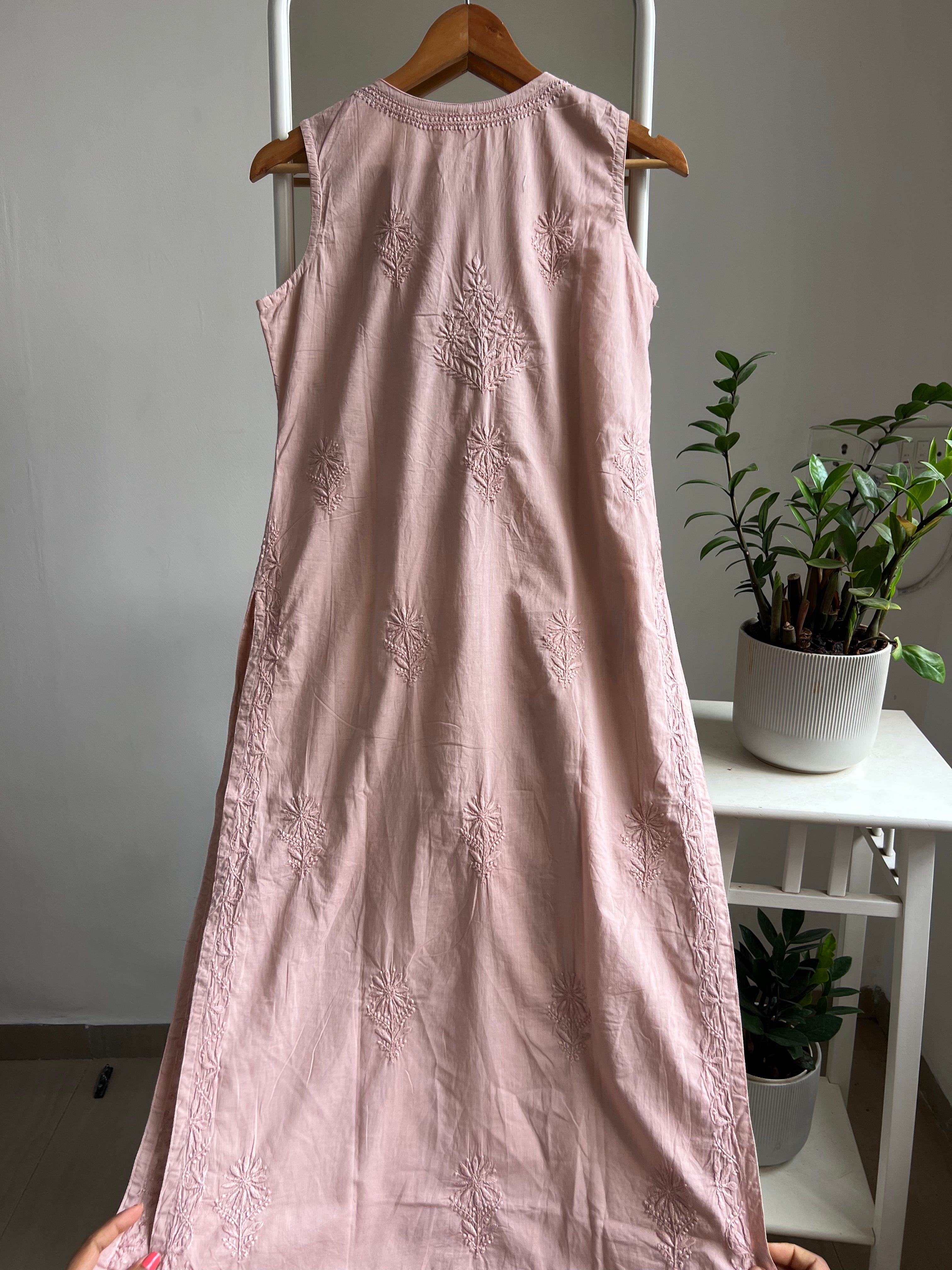 Mul Cotton Sleevless Chikankari Kurti - Brown ARIAA CHIKANKARI