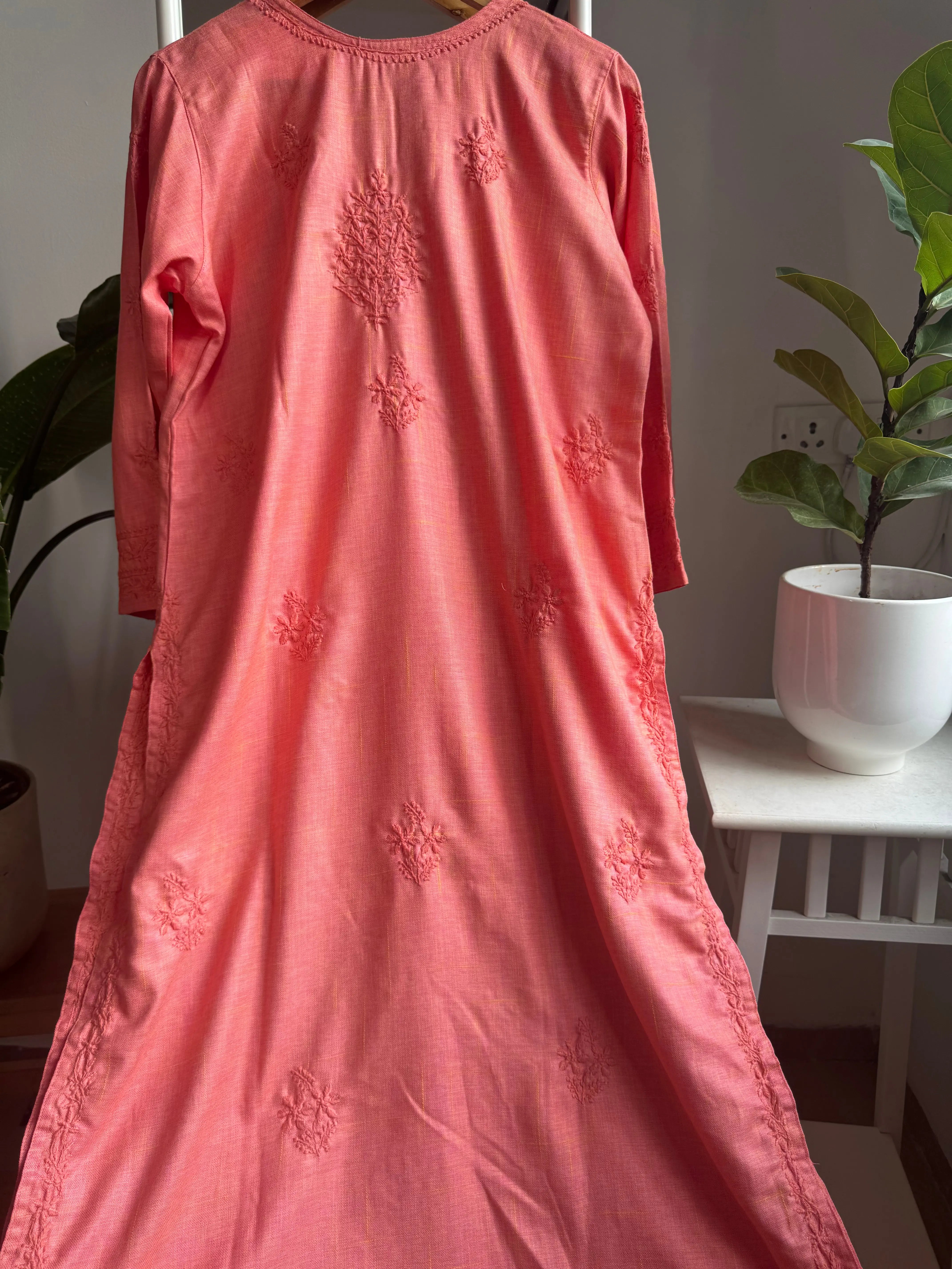 Thick Cotton Chikankari Kurti - Carrot Pink ARIAA CHIKANKARI