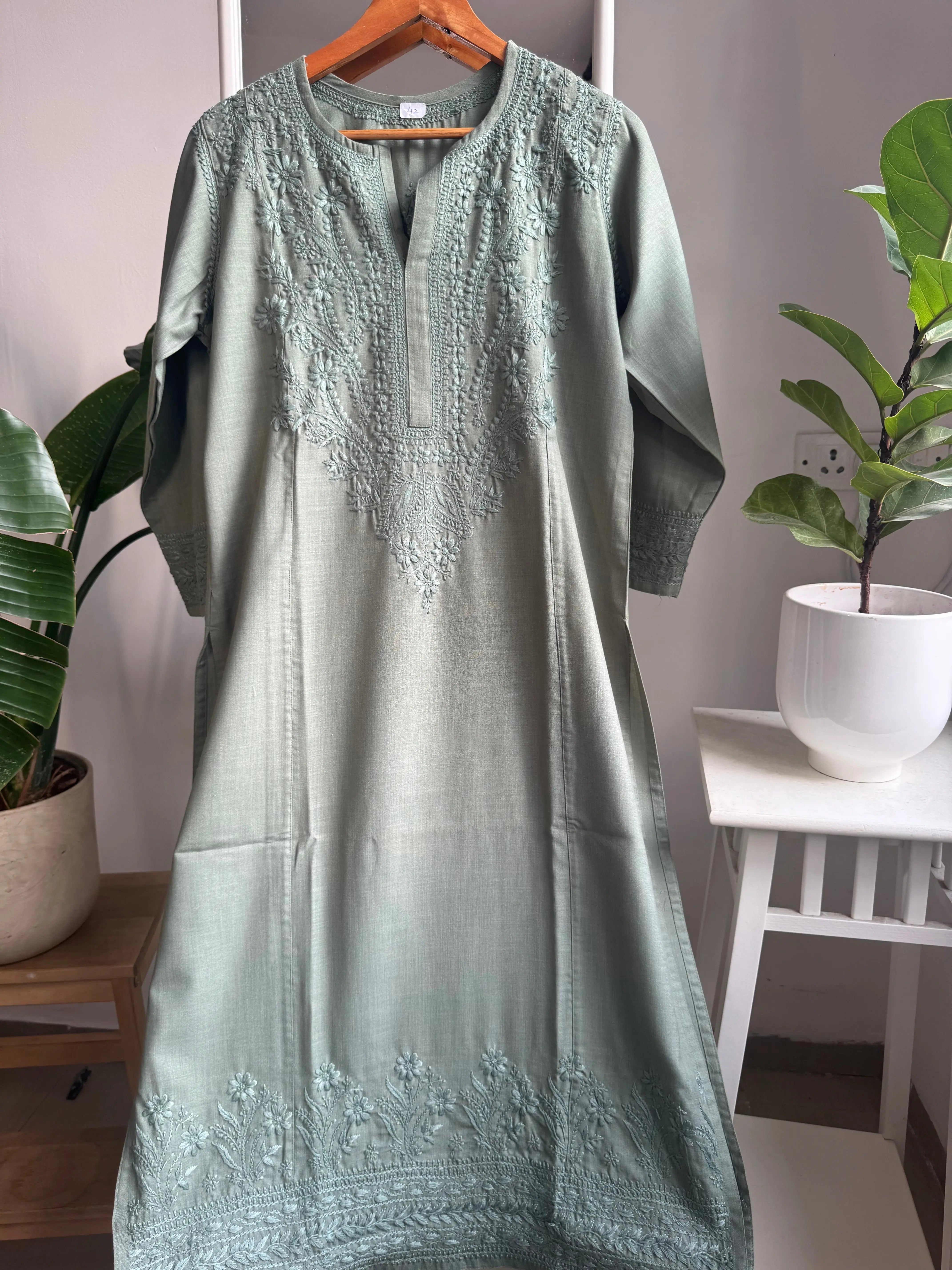 Thick Cotton Chikankari Kurti - Green ARIAA CHIKANKARI