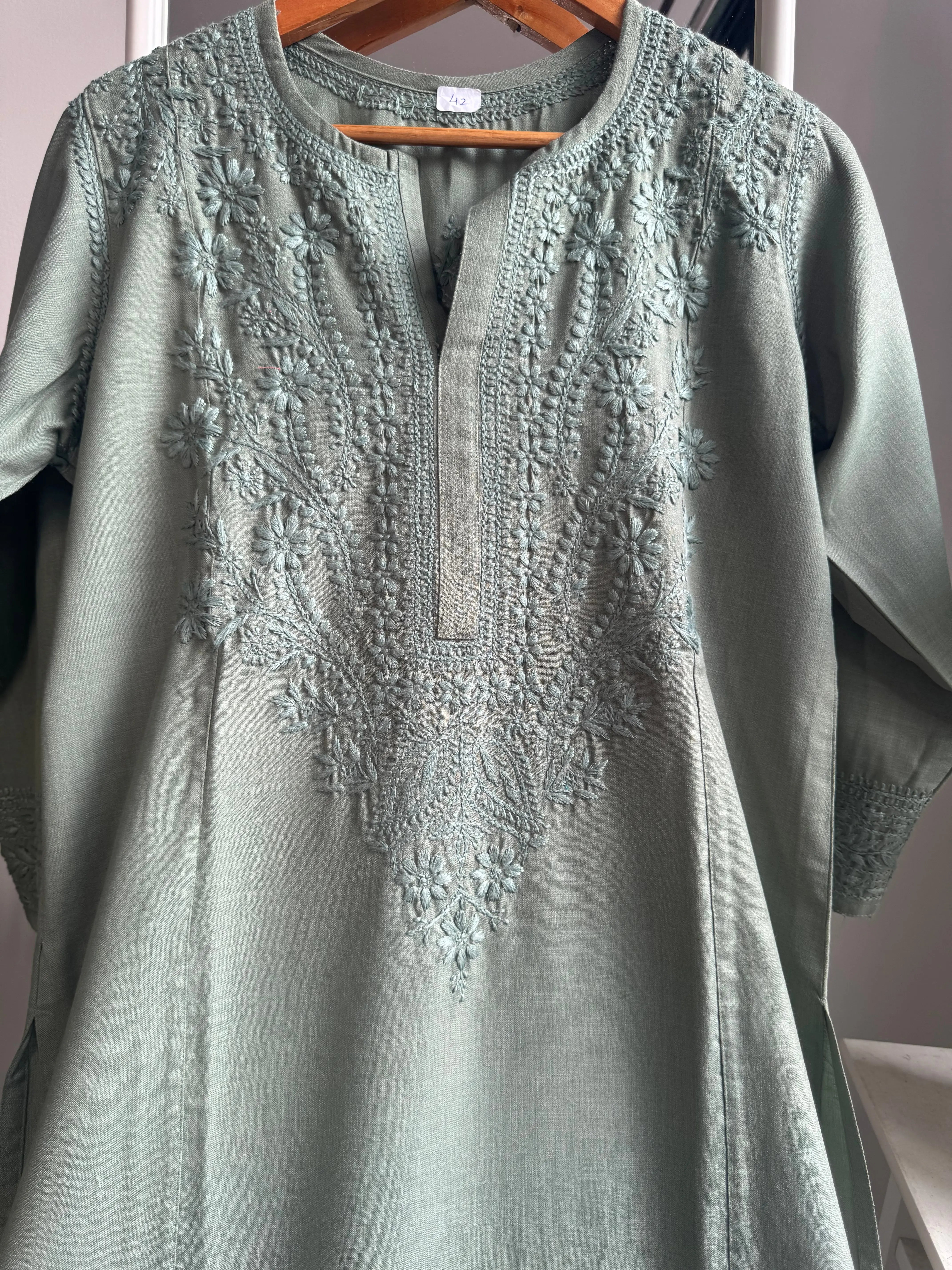 Thick Cotton Chikankari Kurti - Green ARIAA CHIKANKARI