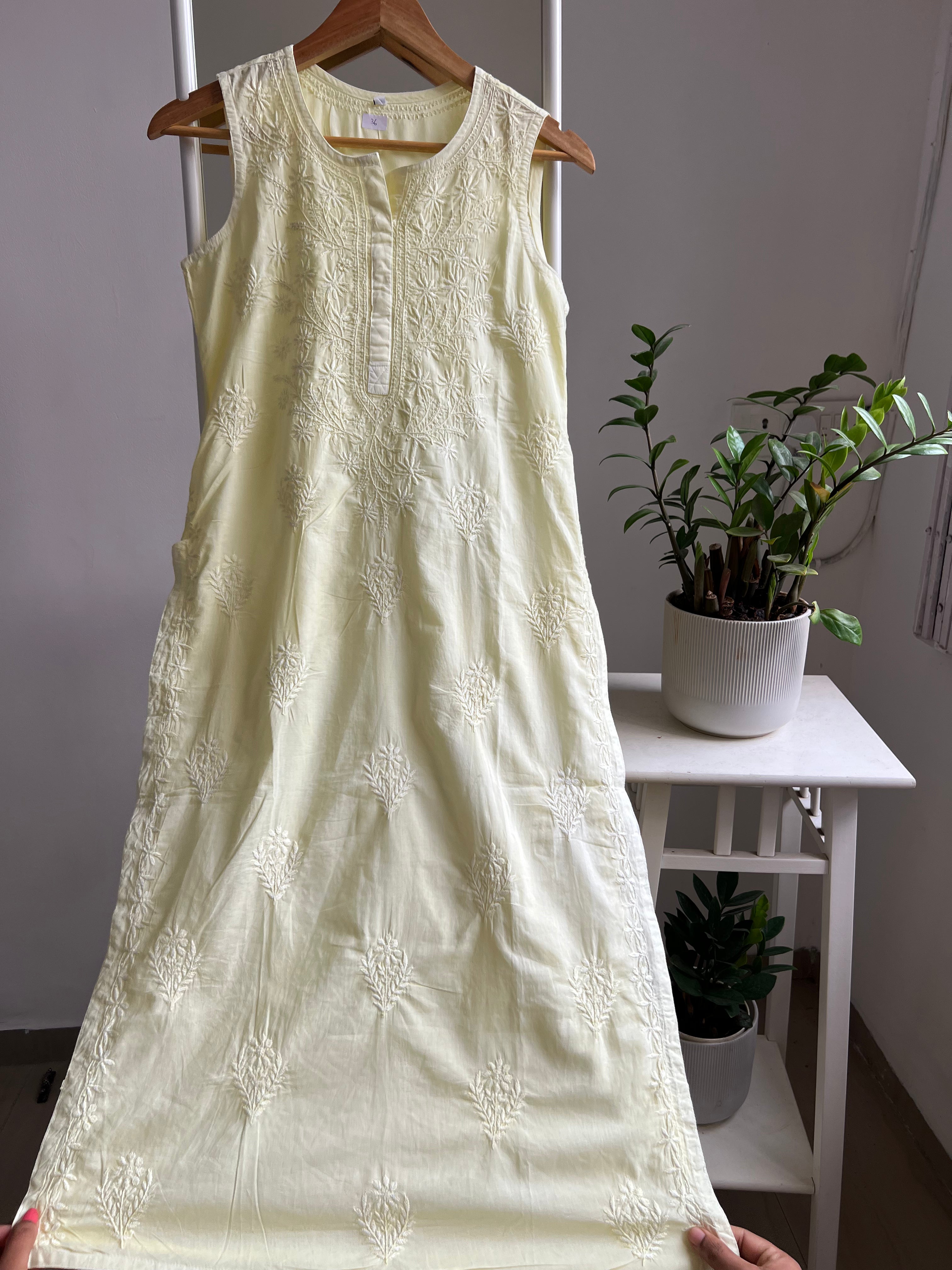 Mul Cotton Sleevless Chikankari Kurti - Lemon Yellow ARIAA CHIKANKARI
