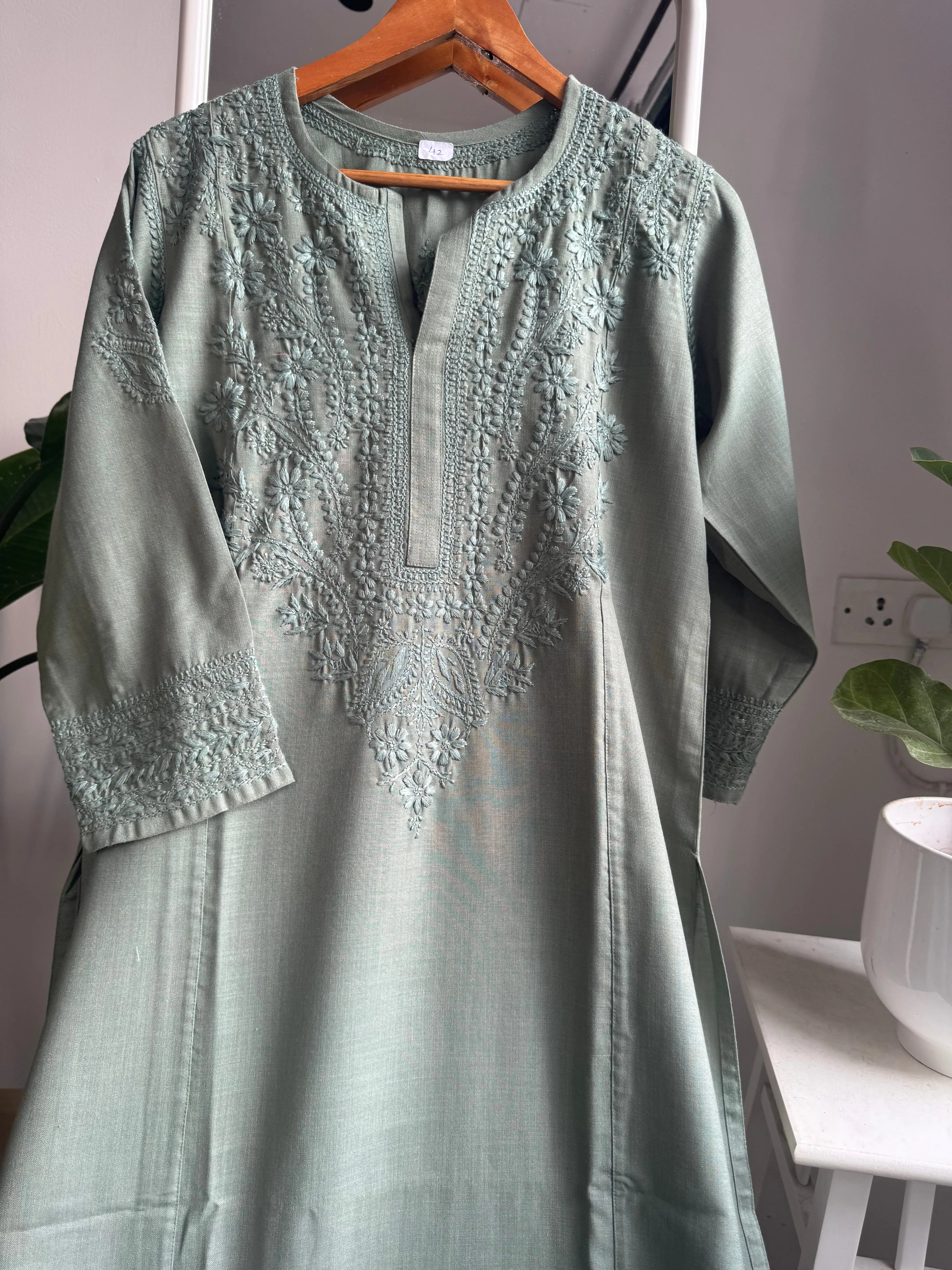 Thick Cotton Chikankari Kurti - Green ARIAA CHIKANKARI